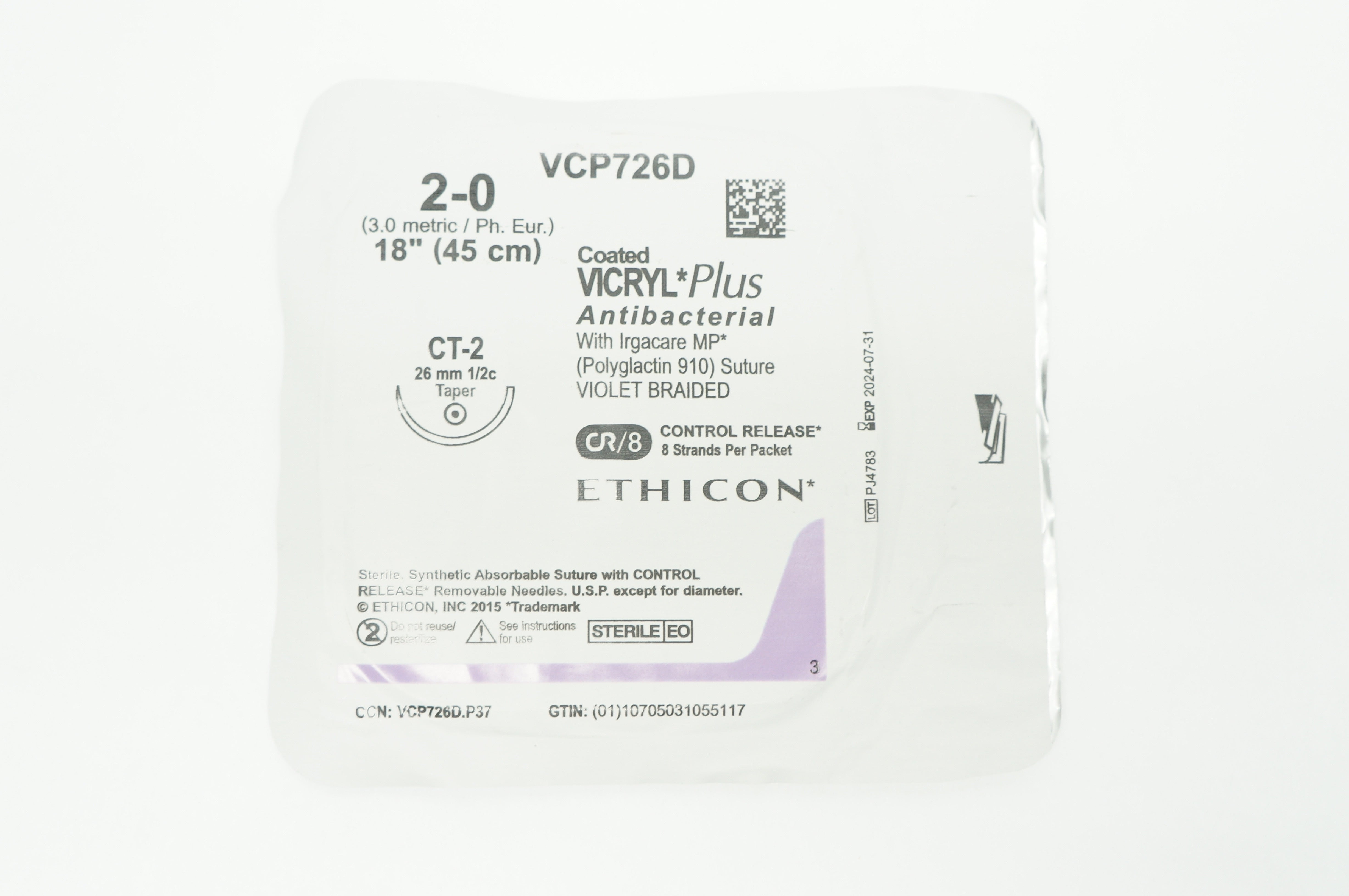 Ethicon VCP726D 2-0 VICRYL Plus CT-2 26mm 1/2c Taper 18 inch