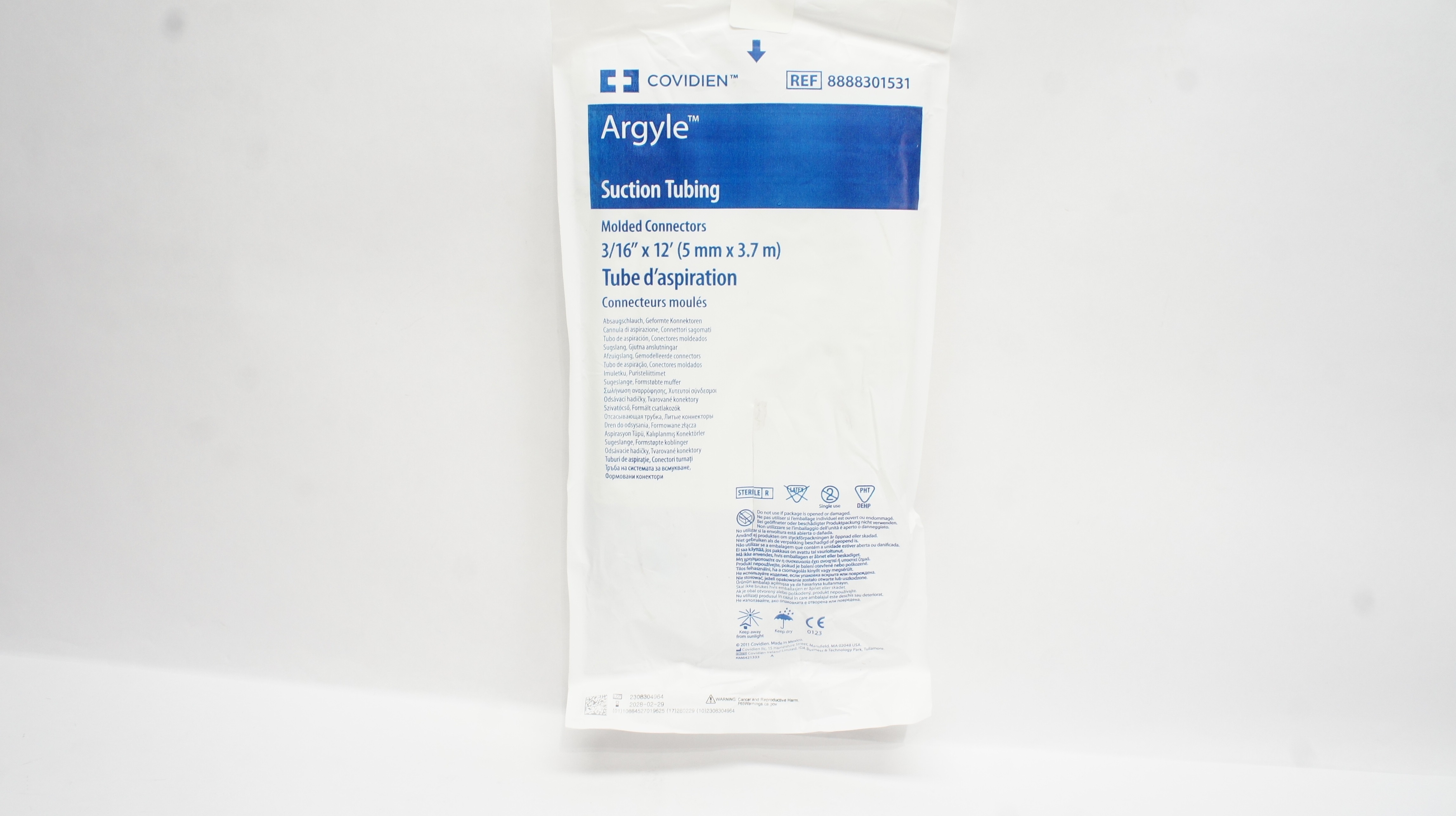 Covidien 8888301531 Argyle Suction Tubing Molded Connectors 3/16inch x 12Ft.