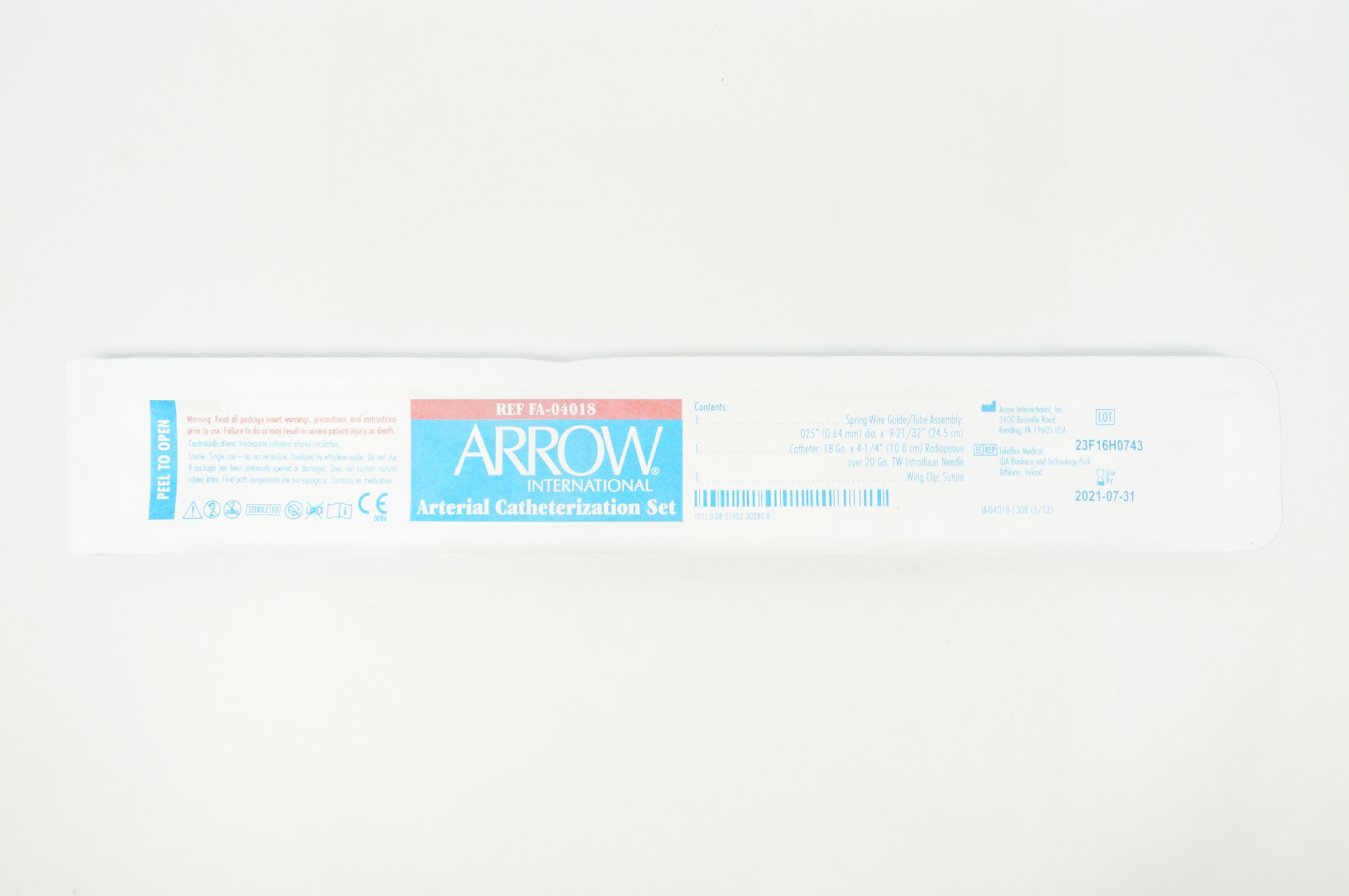 Arrow FA-04018 Arterial Catheterization Set .025inch x 9-21/32inch