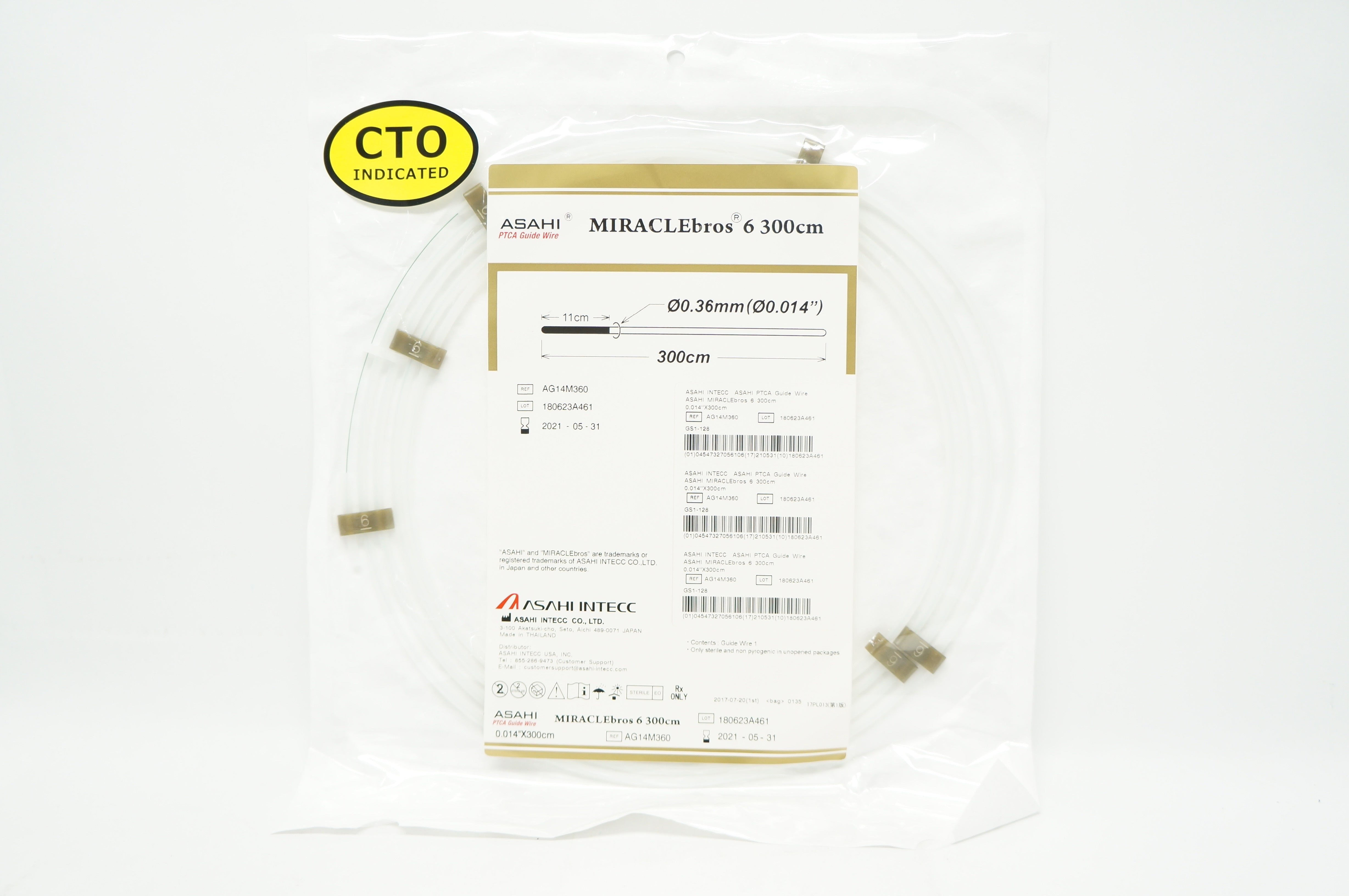 Asahi Intecc AG14M360 MIRACLEbros 6 PTCA Guide Wire, 0.014in. x300cm. (x)