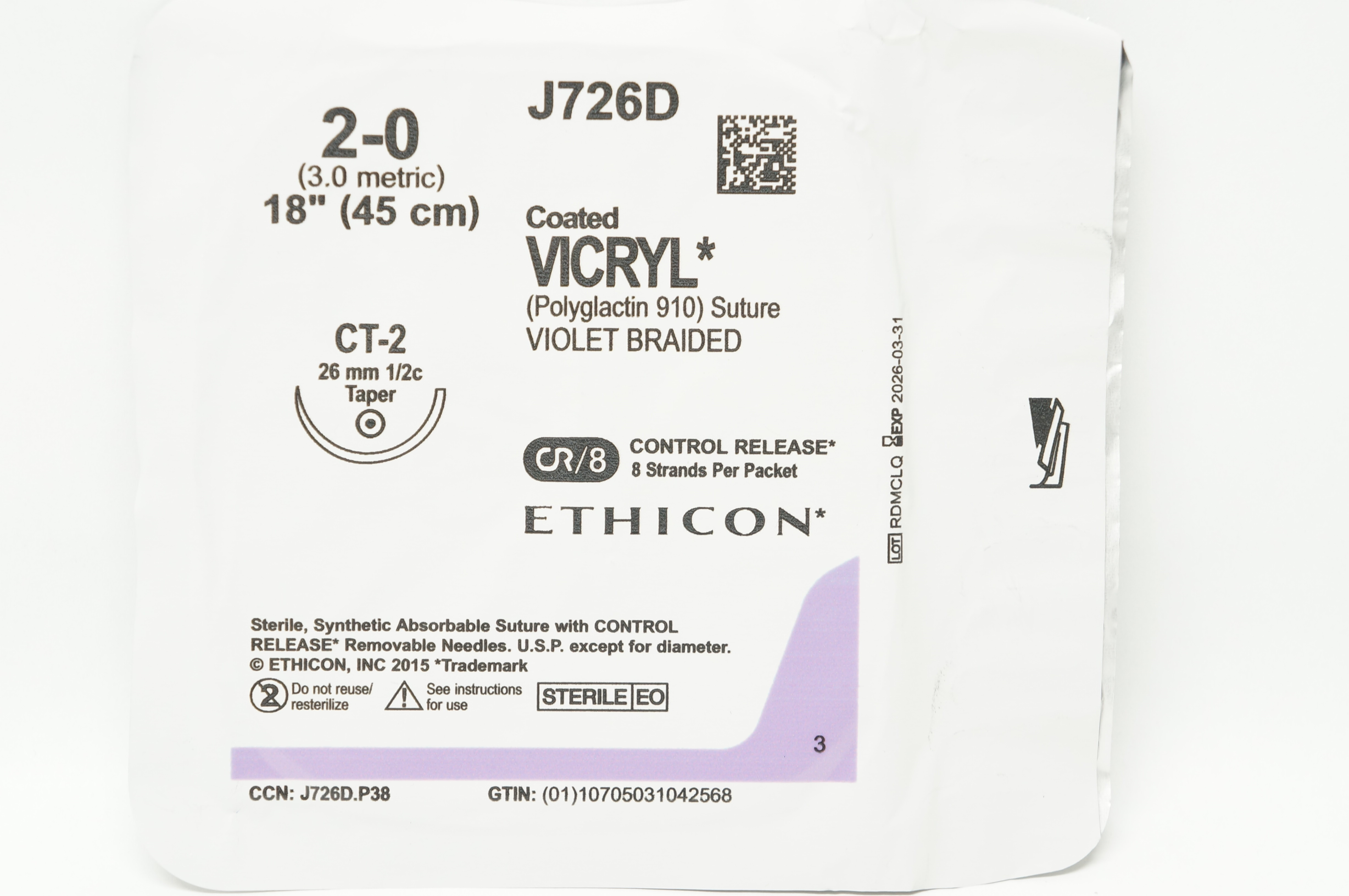 Ethicon J726D 2-0 Coated VICRYL Stre CT-2 26mm 1/2c Taper, 18inch
