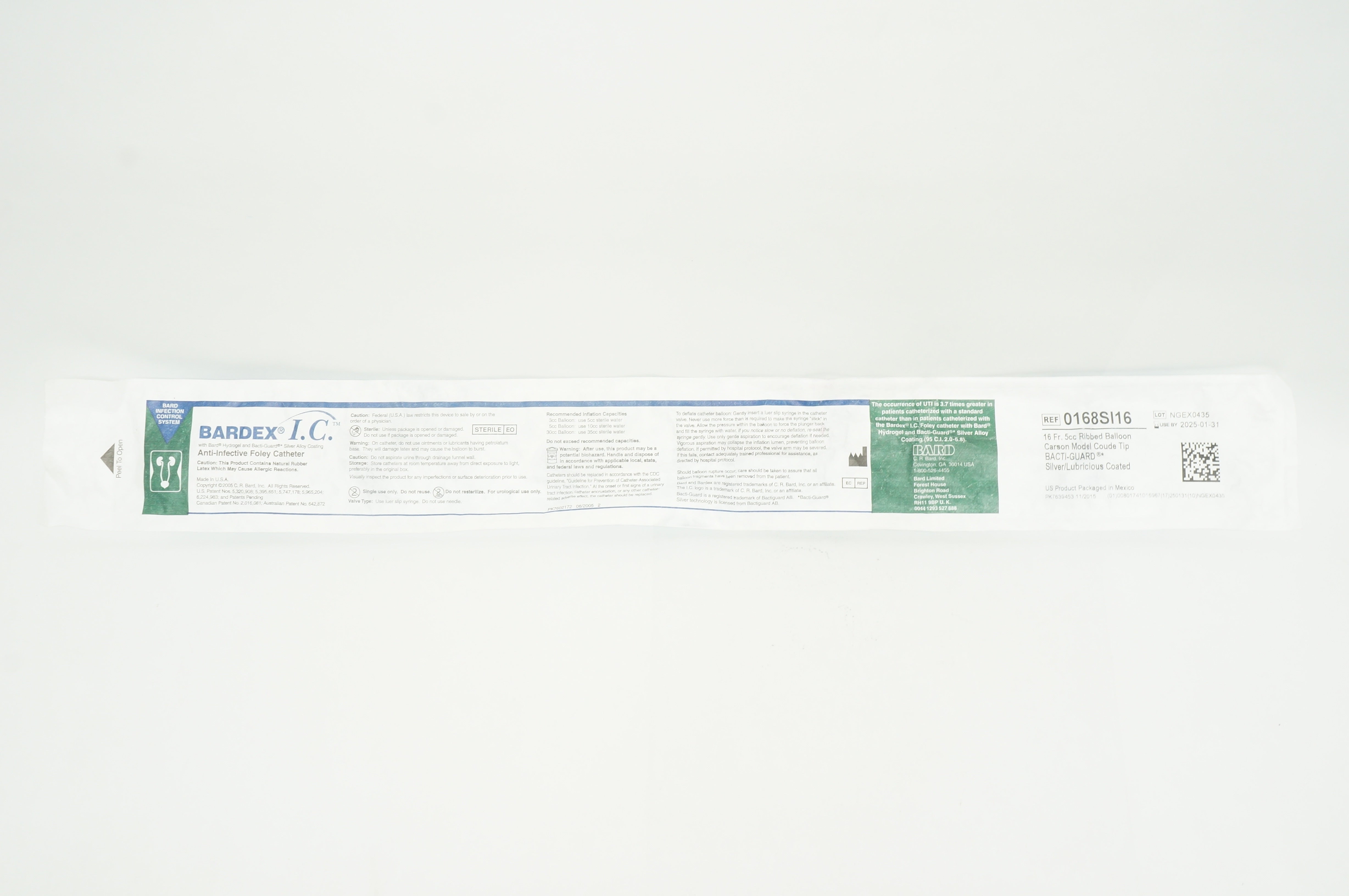 Bard 0168SI16 Bardex I.C. Anti-Infective Foley Cath. 16Fr, 5cc Ribbed Balloon