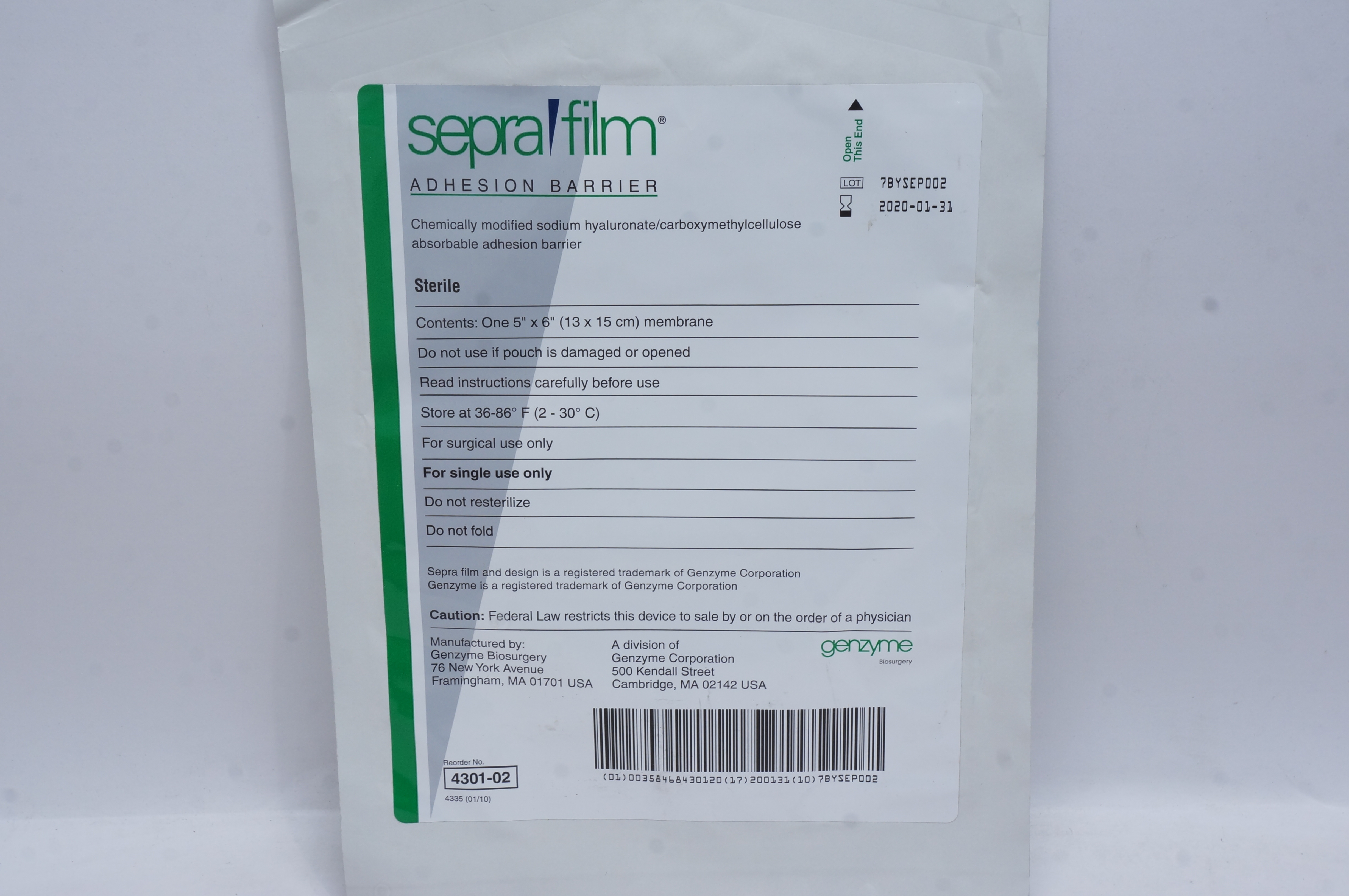 Genzyme 4301-02 Sepra Film Adhesion Barrier 5inch x 6inch (x)