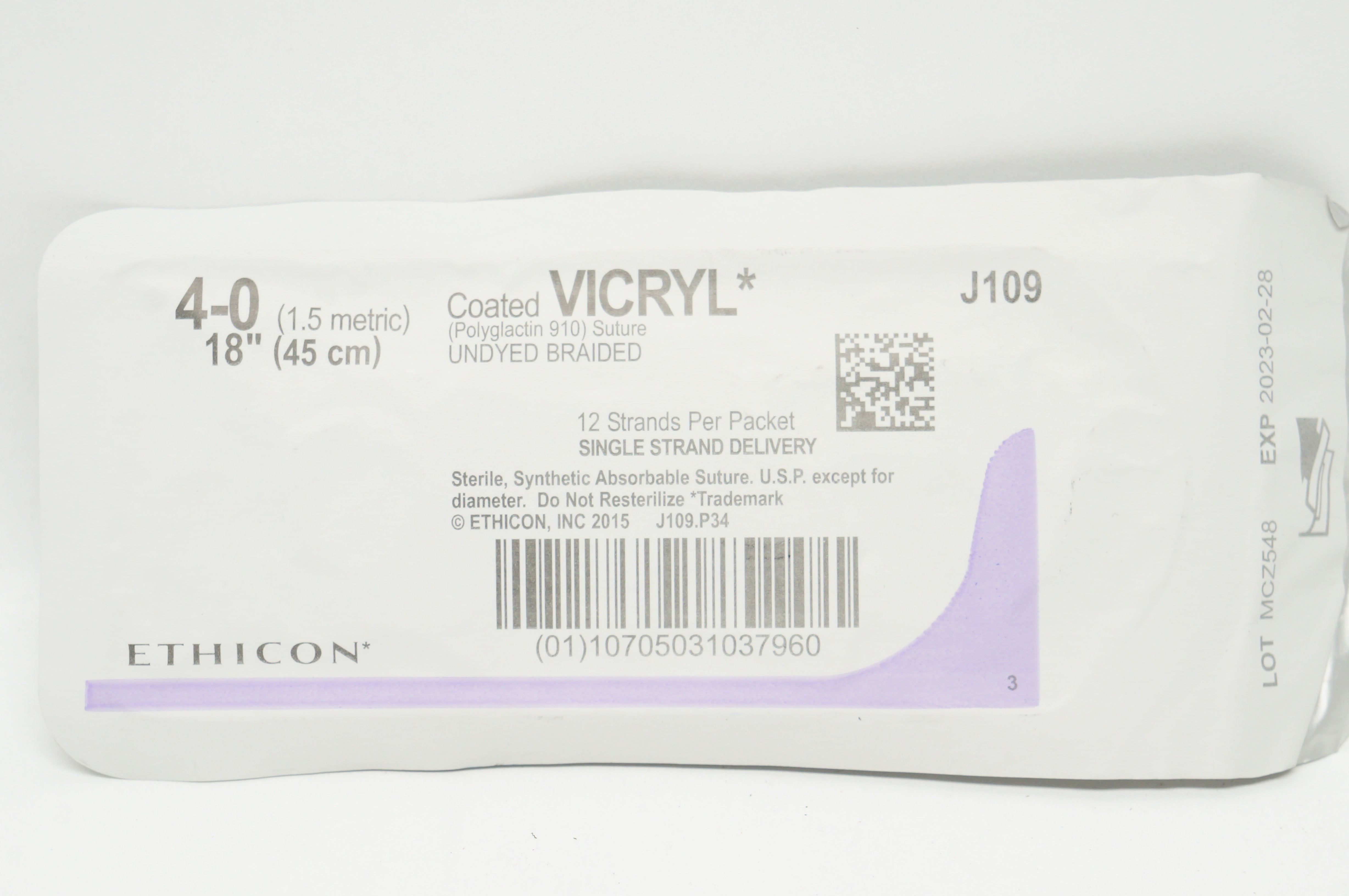 Ethicon J109 4-0 Coated VICRYL Undyed Braided Stre, 18inch (x)