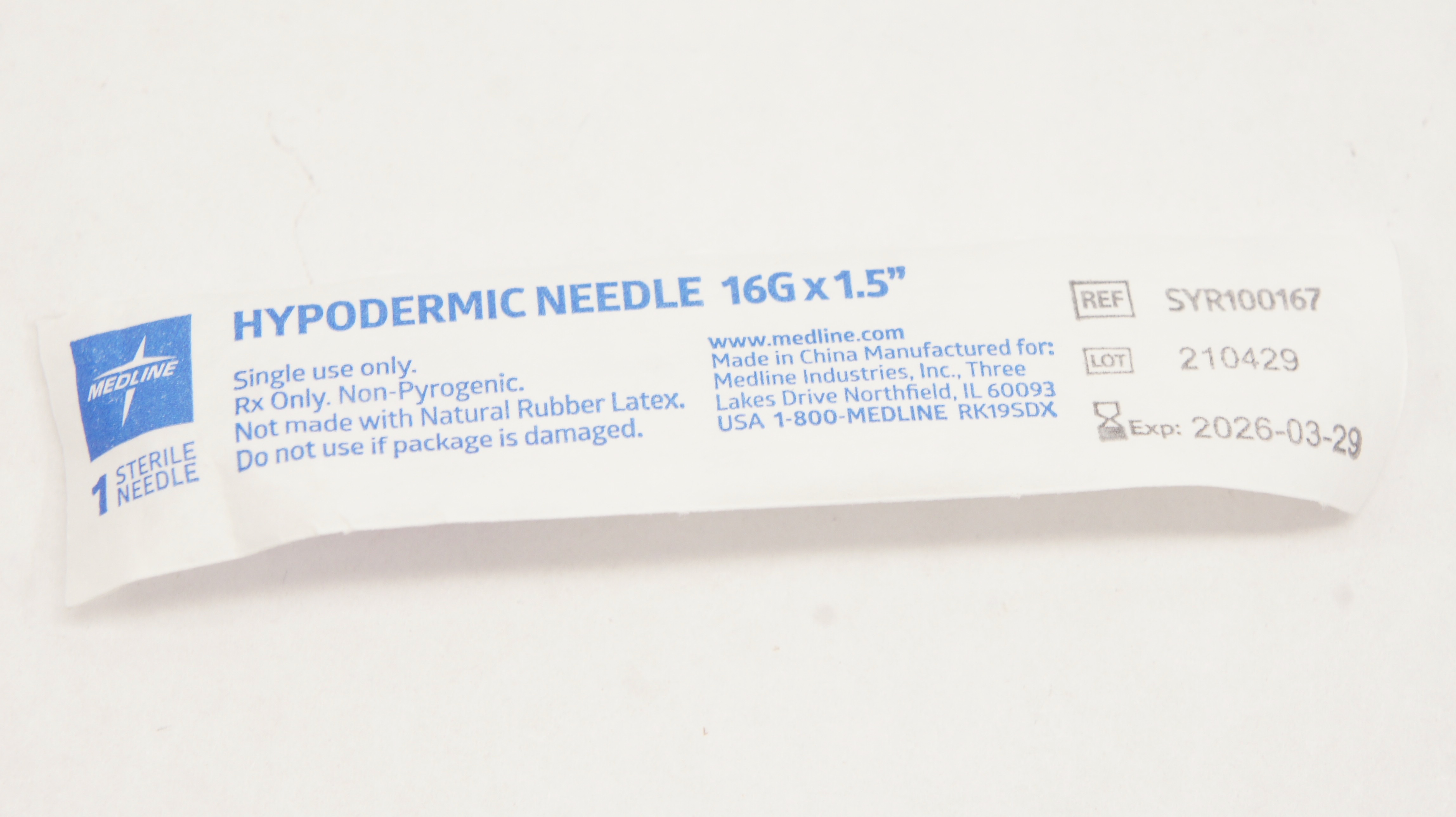 Medline SYR100167 Hypodermic Ndle 16G x 1.5inch