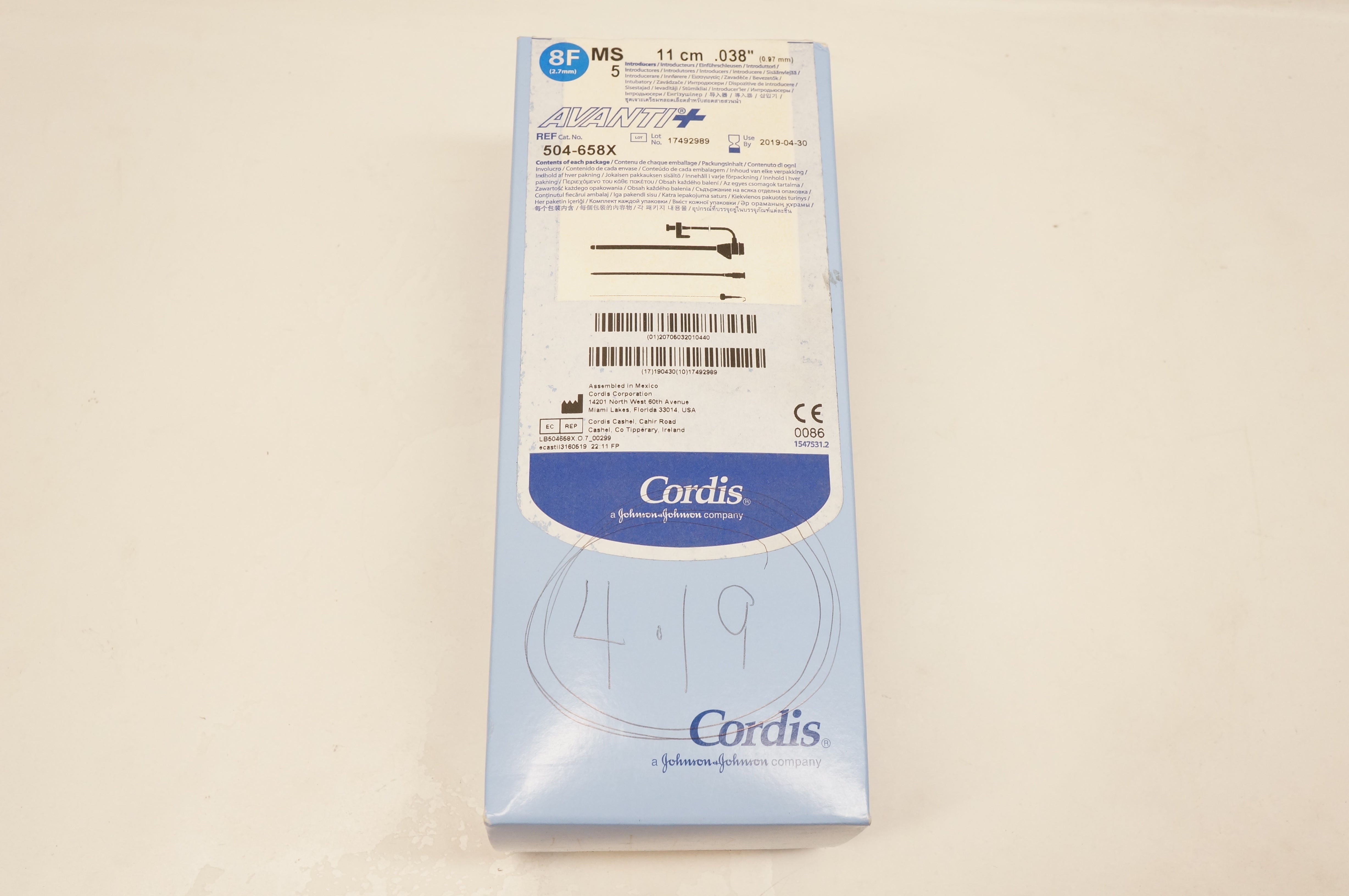 Cordis 504-658X AVANTI Plus Introducers 8F, 11cm x 0.038inch (x) - Box of 5