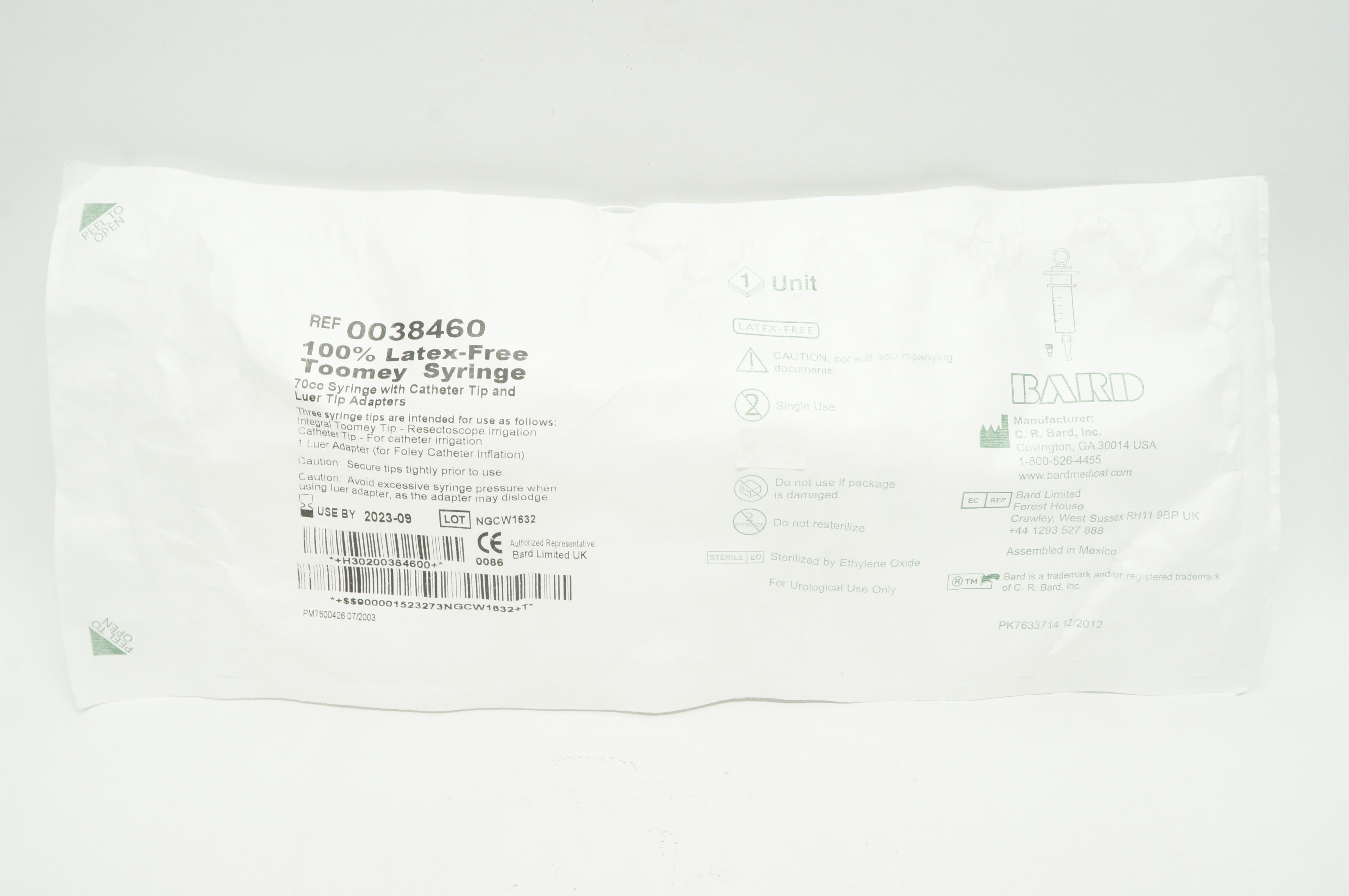 Bard 0038460 Toomey Syringe 70cc With Cath. Tip & Luer Tip Adapters