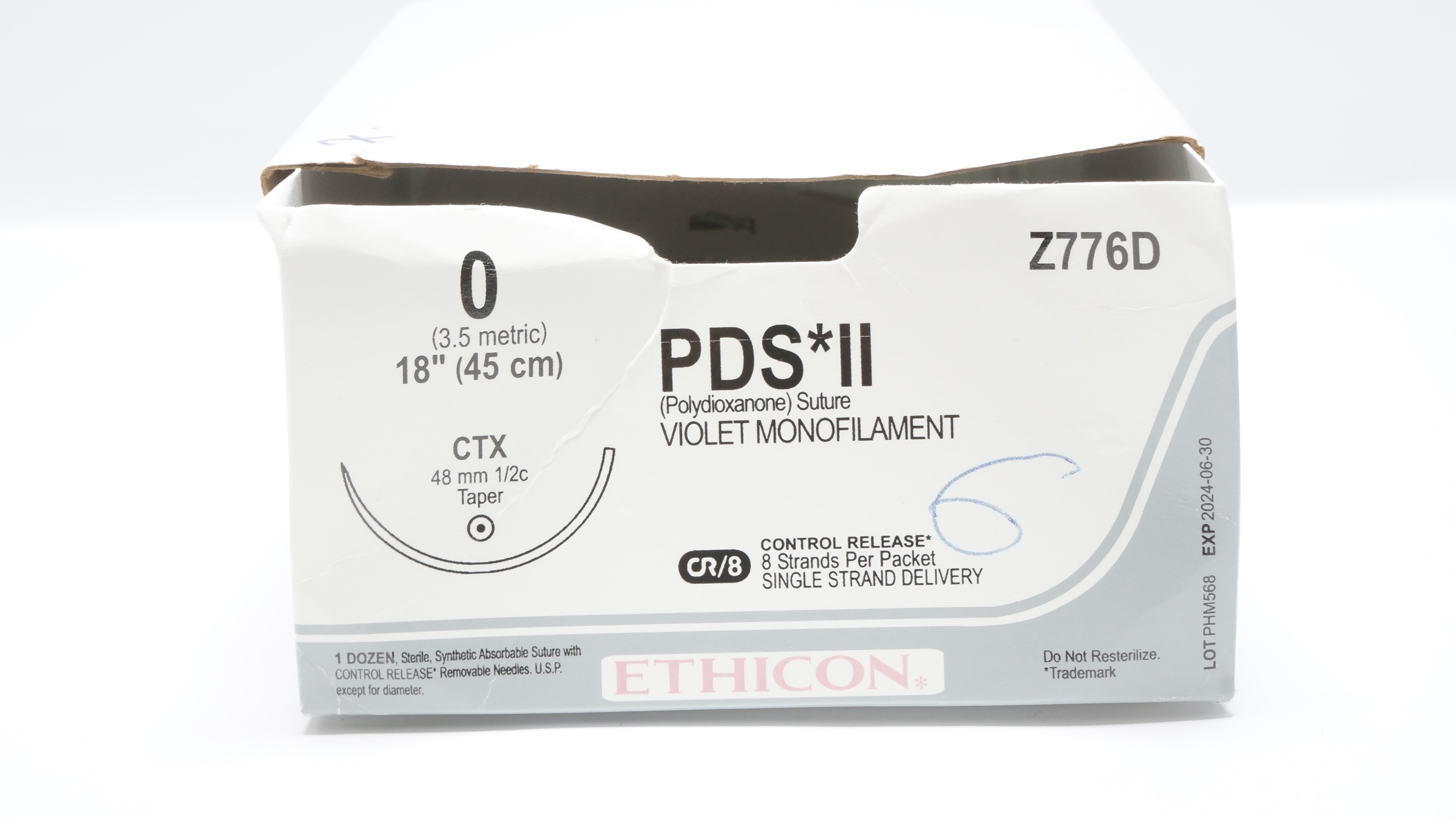 Ethicon Z776D 0 PDS II Polydioxanone Stre CTX 48mm 1/2c Taper 18inch(x)-Box of 7