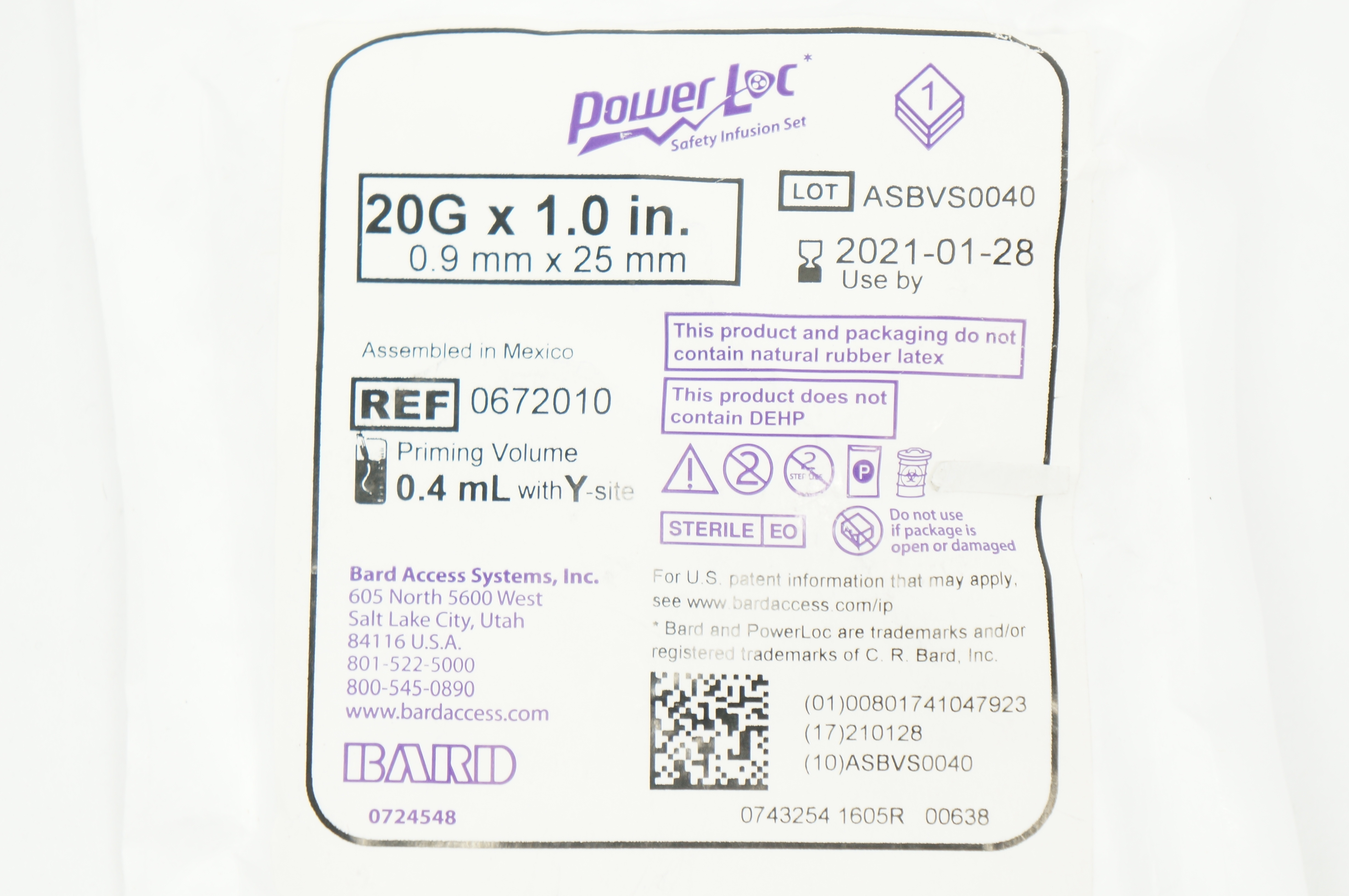 Bard 0672010 Power Loc Safety Infusion Set 20G x 1.0 in. Priming Volume 0.4 mL