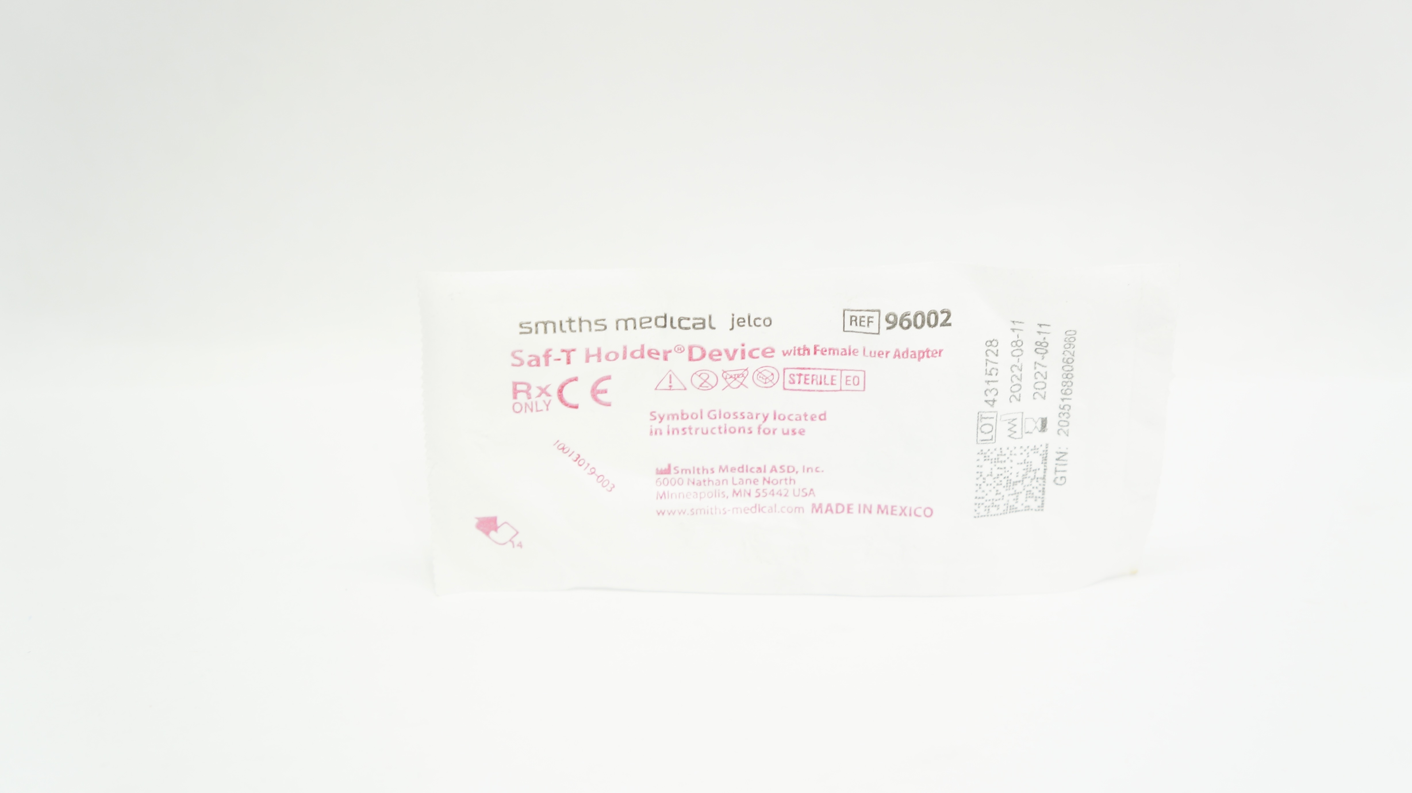 Smiths Medical 96002 Saf-T Holder Device W/Female Luer Adapter