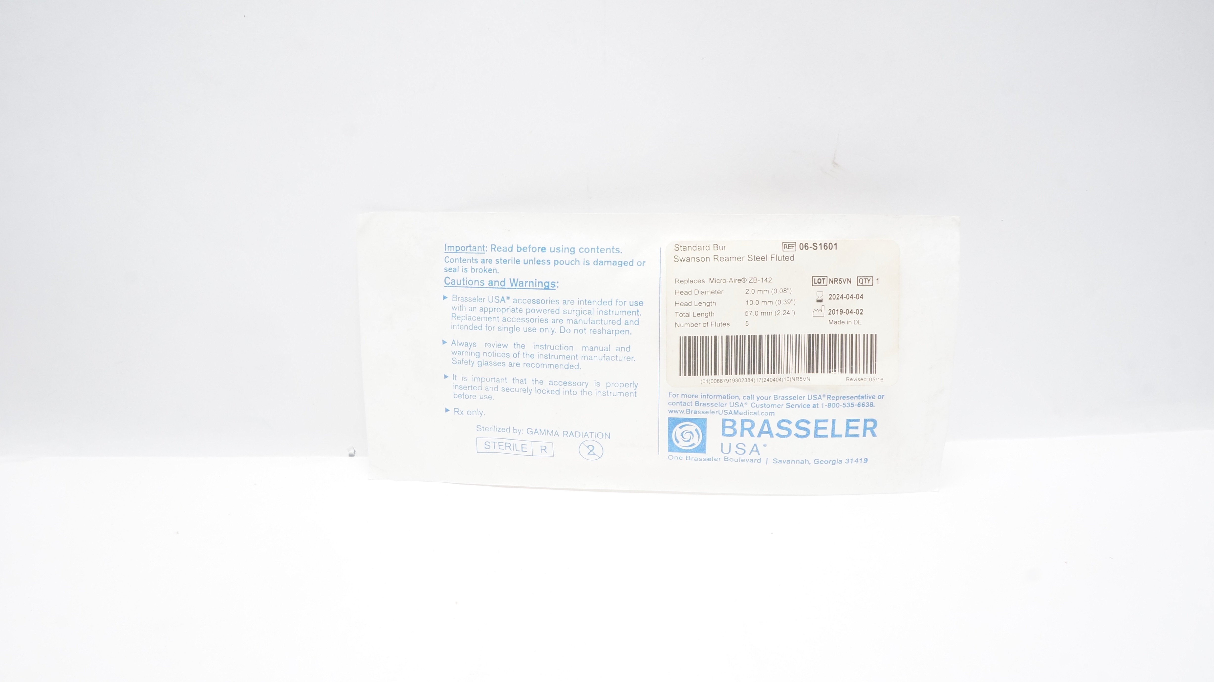 Brasseler 06-S1601 Standard Bur Swanson Reamer Steel Fluted 2.0mm x 10.0mm (x)