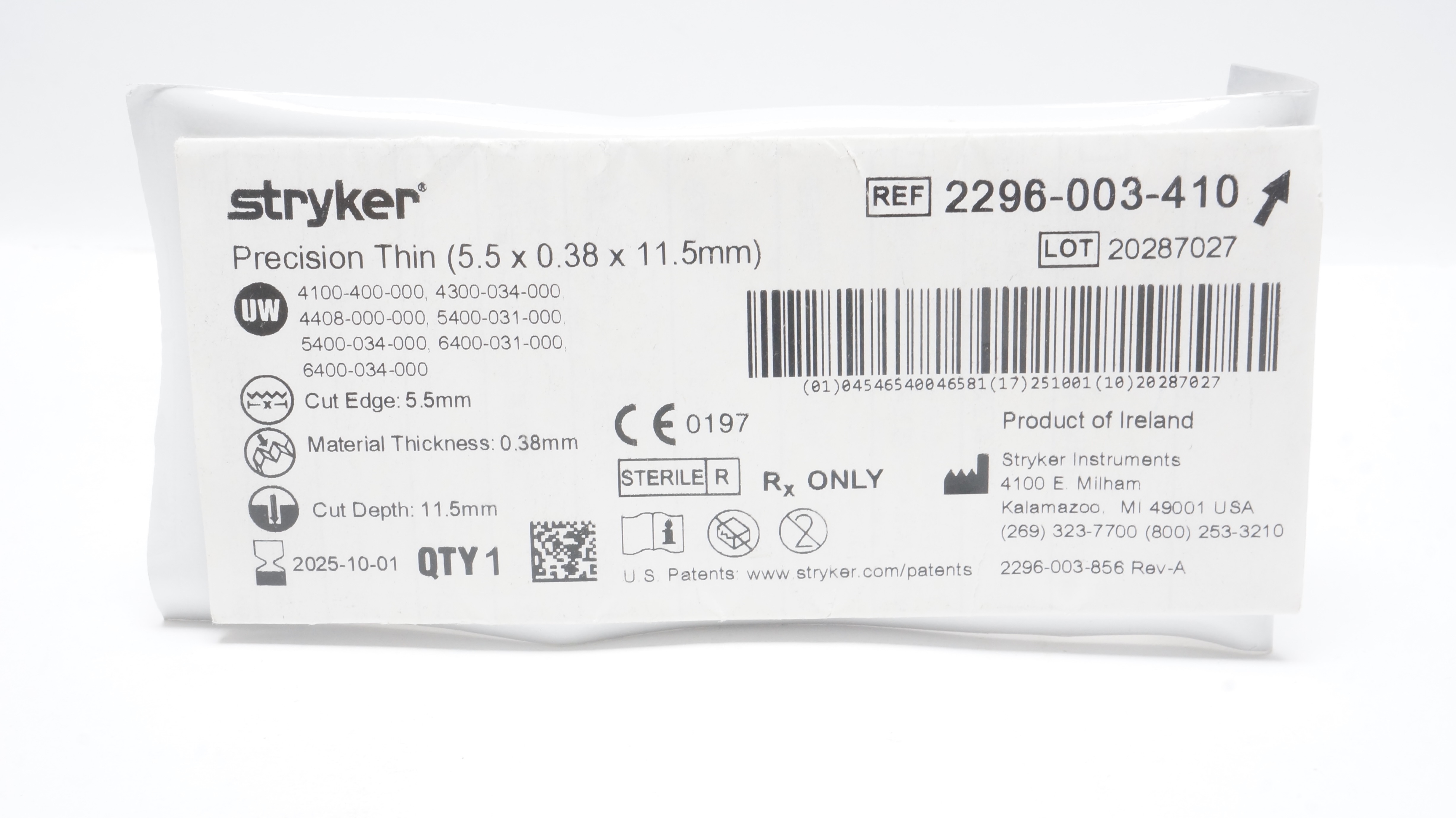 Stryker 2296-003-410 Precision Thin Blade, Short Narrow 5.5 x 0.38 x 11.5mm