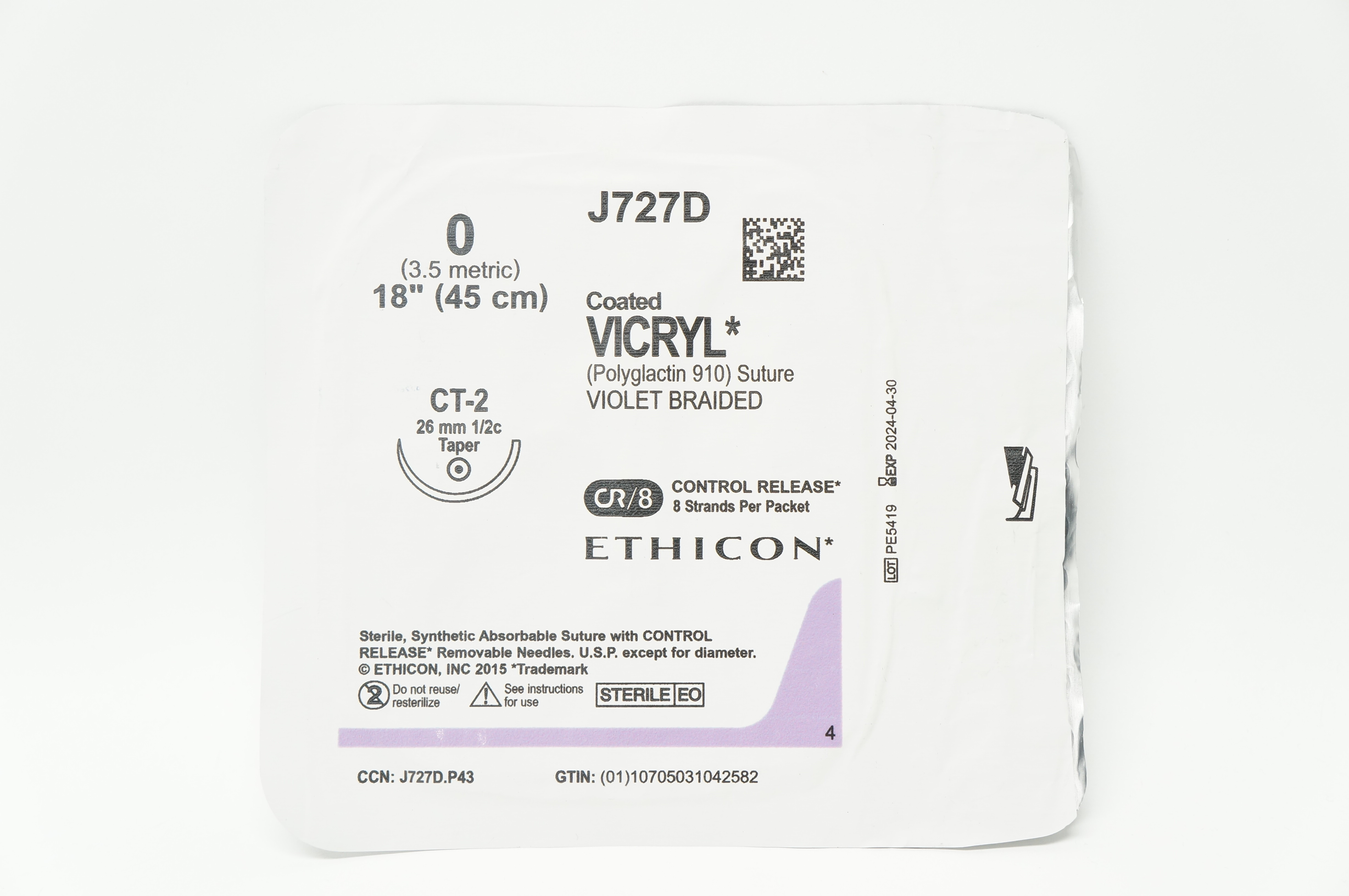 Ethicon J727D 0 VICRYL, CT-2, 26mm 1/2c Taper, 18inch