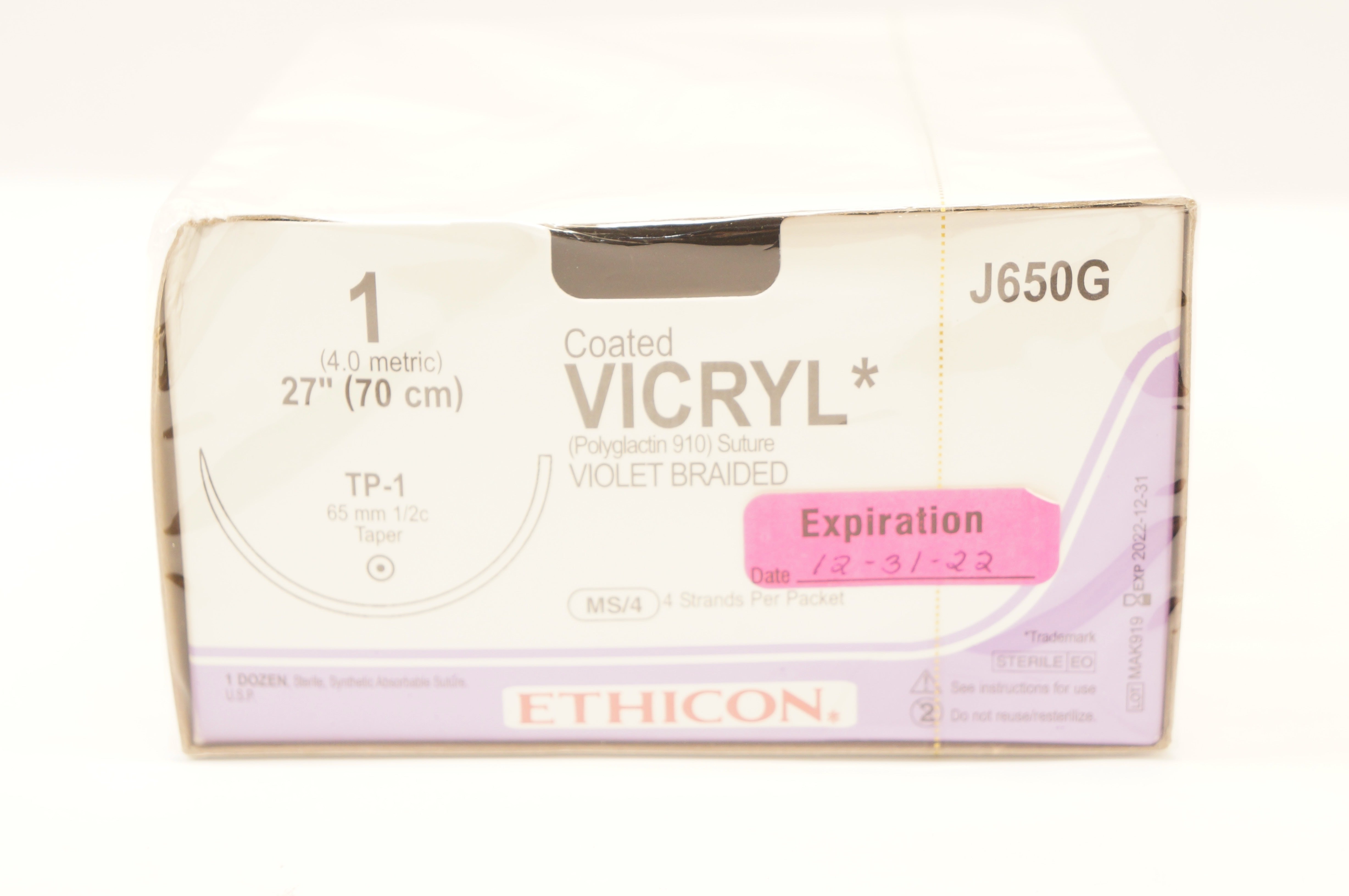 Ethicon J650G Vicryl Polyglactin Stre TP-1 65mm 1/2c Taper 27inch(x) - Box of 12