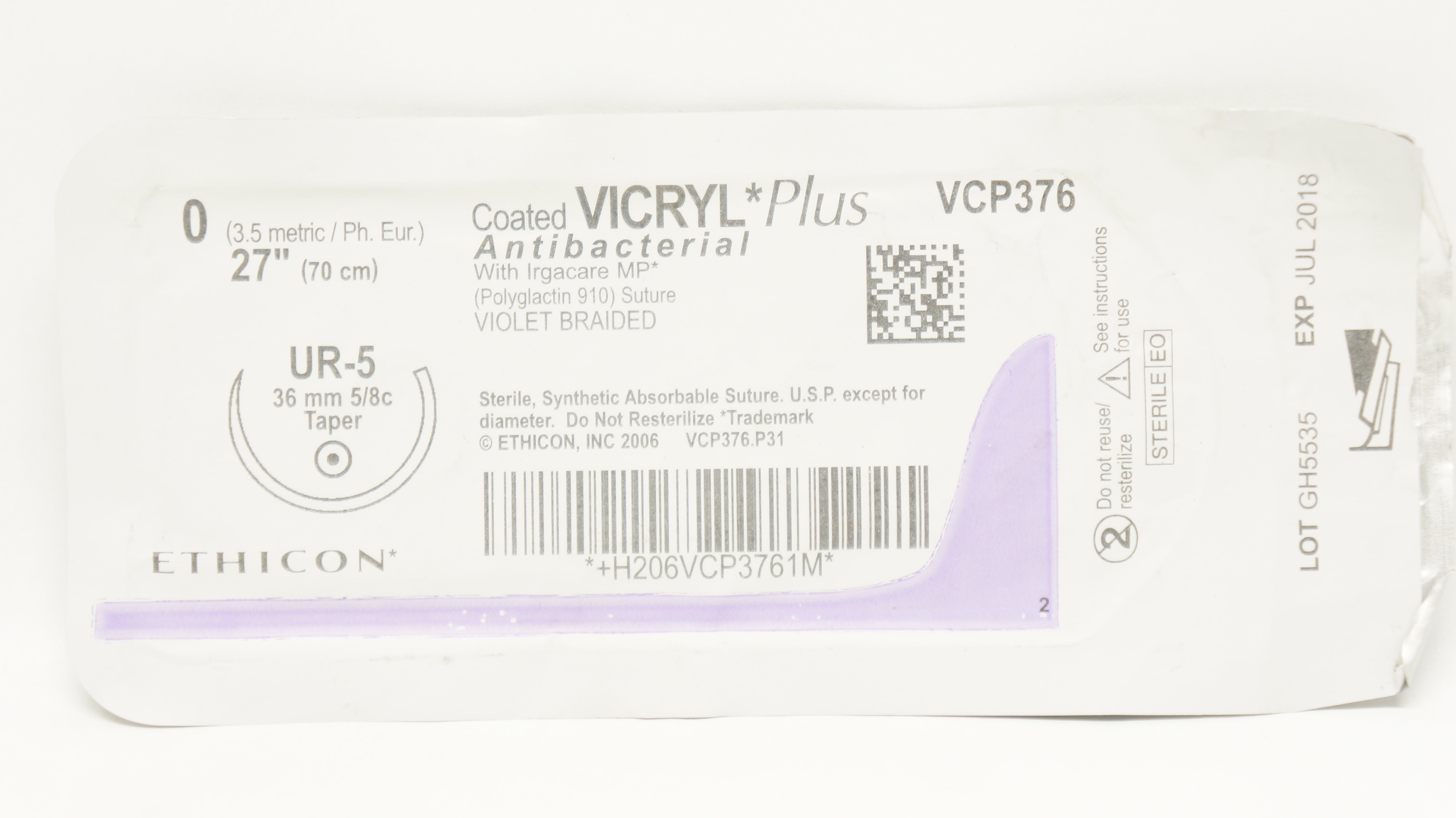 Ethicon VCP376 0 Coated Vicryl Plus Stre UR-5 36mm 5/8c Taper, 27 inch (x)