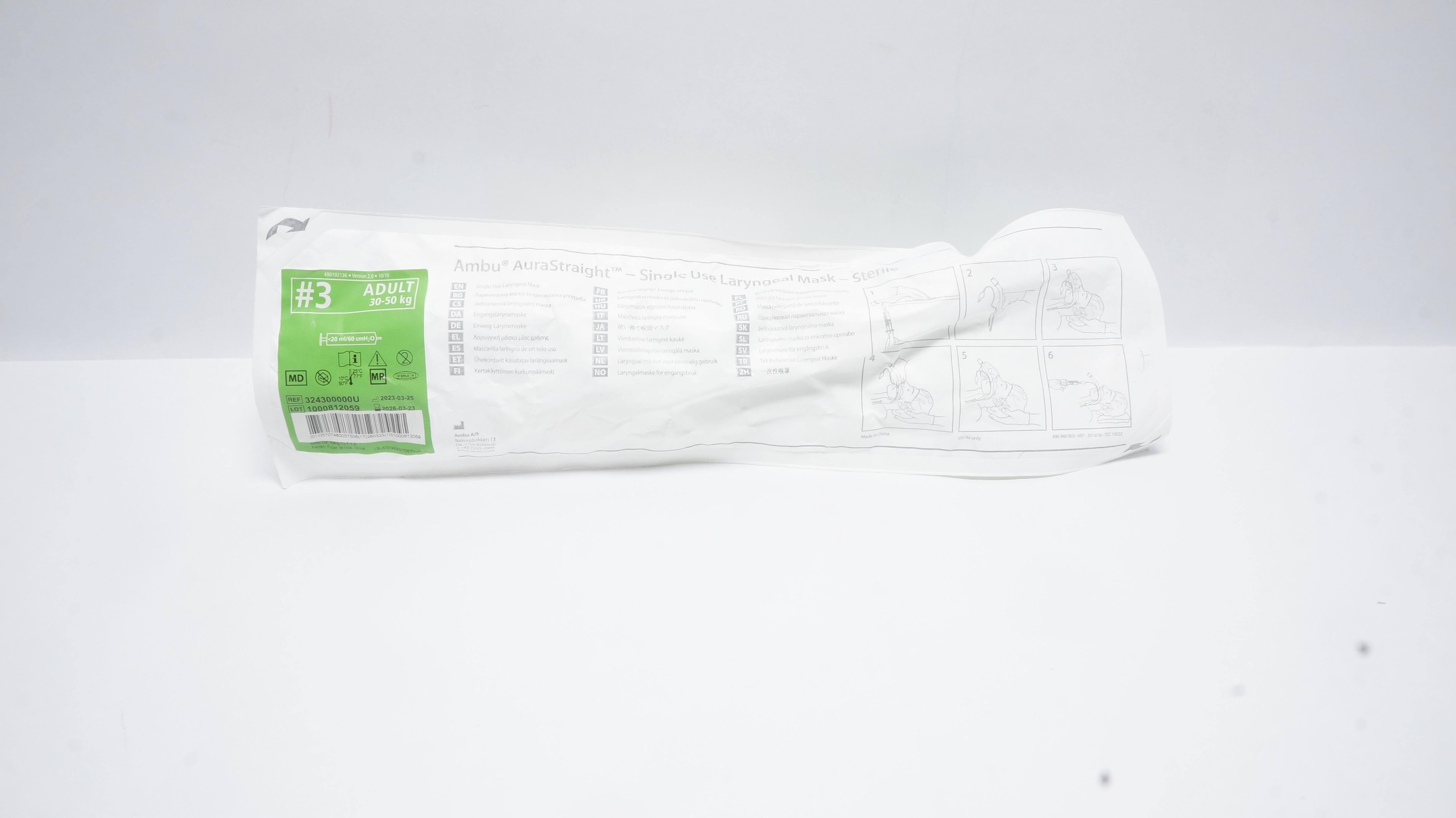 Ambu 324300000U Aura Straight Single Use Laryngeal Mask Full Case #3, 30-50kg(x)
