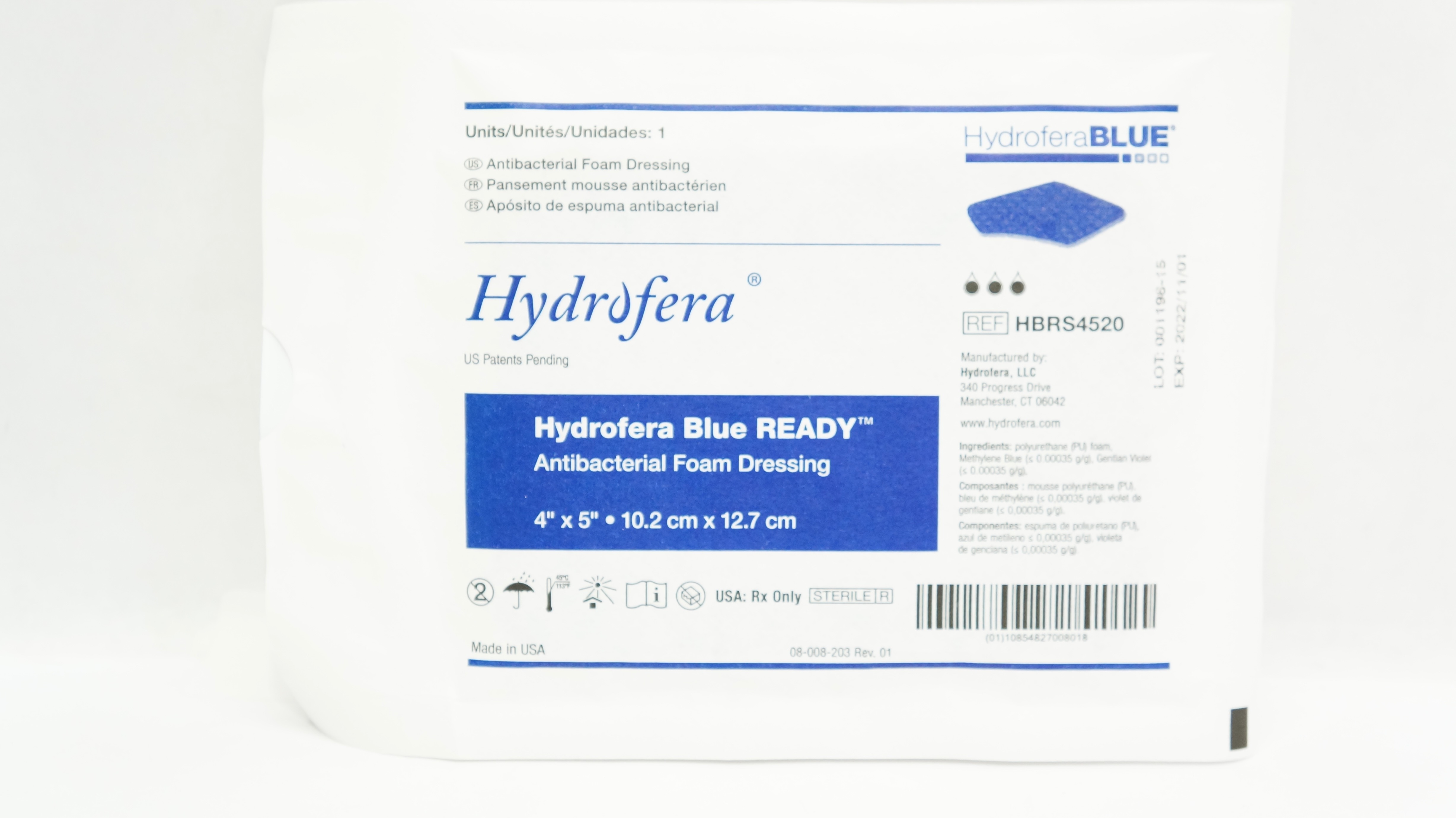 Hydrofera HBRS4520 Blue Ready Antibacterial Foam Dressing 4inch x 5inch (x)