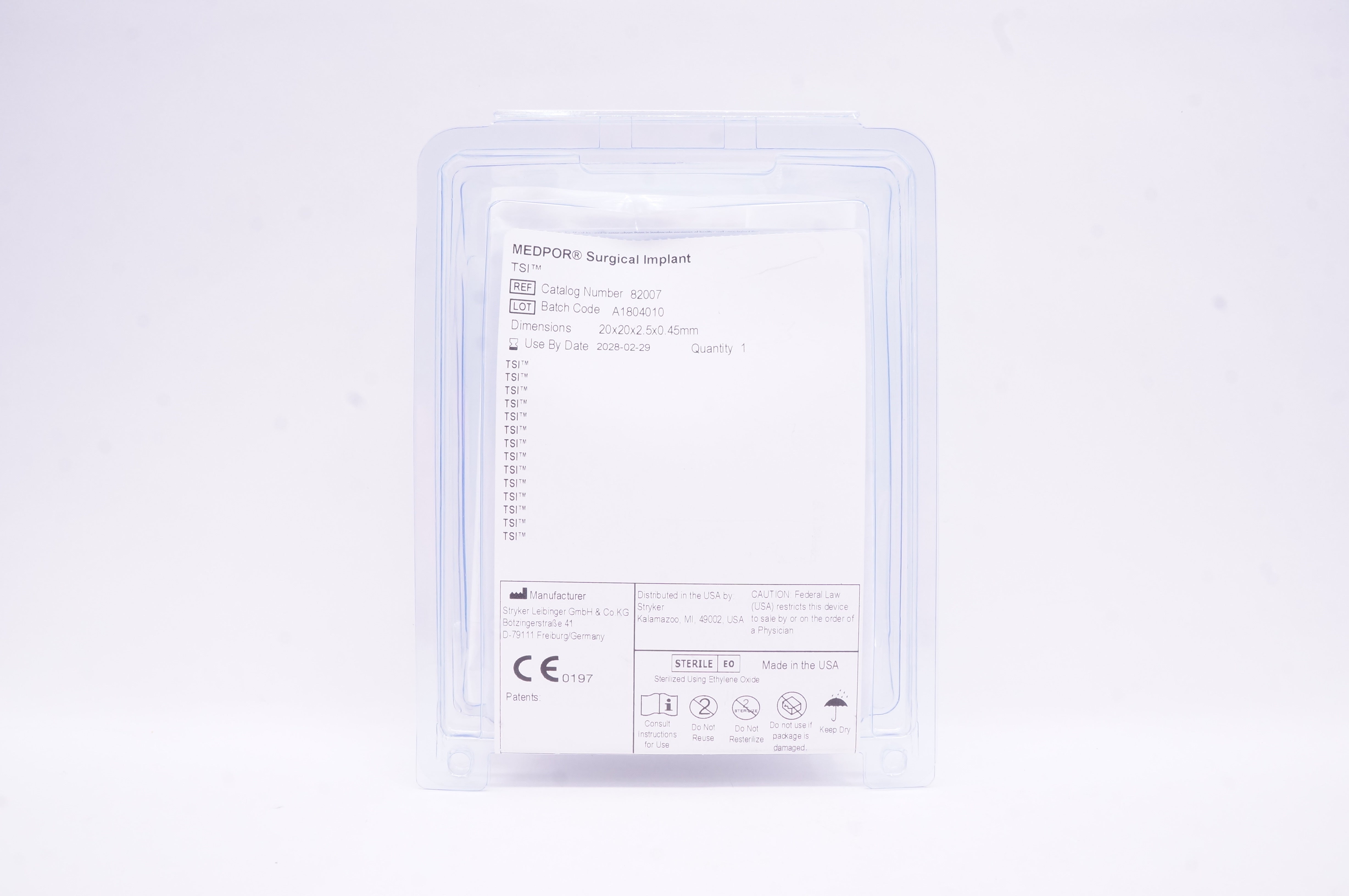 Stryker 82007 Medpor Surgical Implant TSI 20x20x2.5x0.45mm