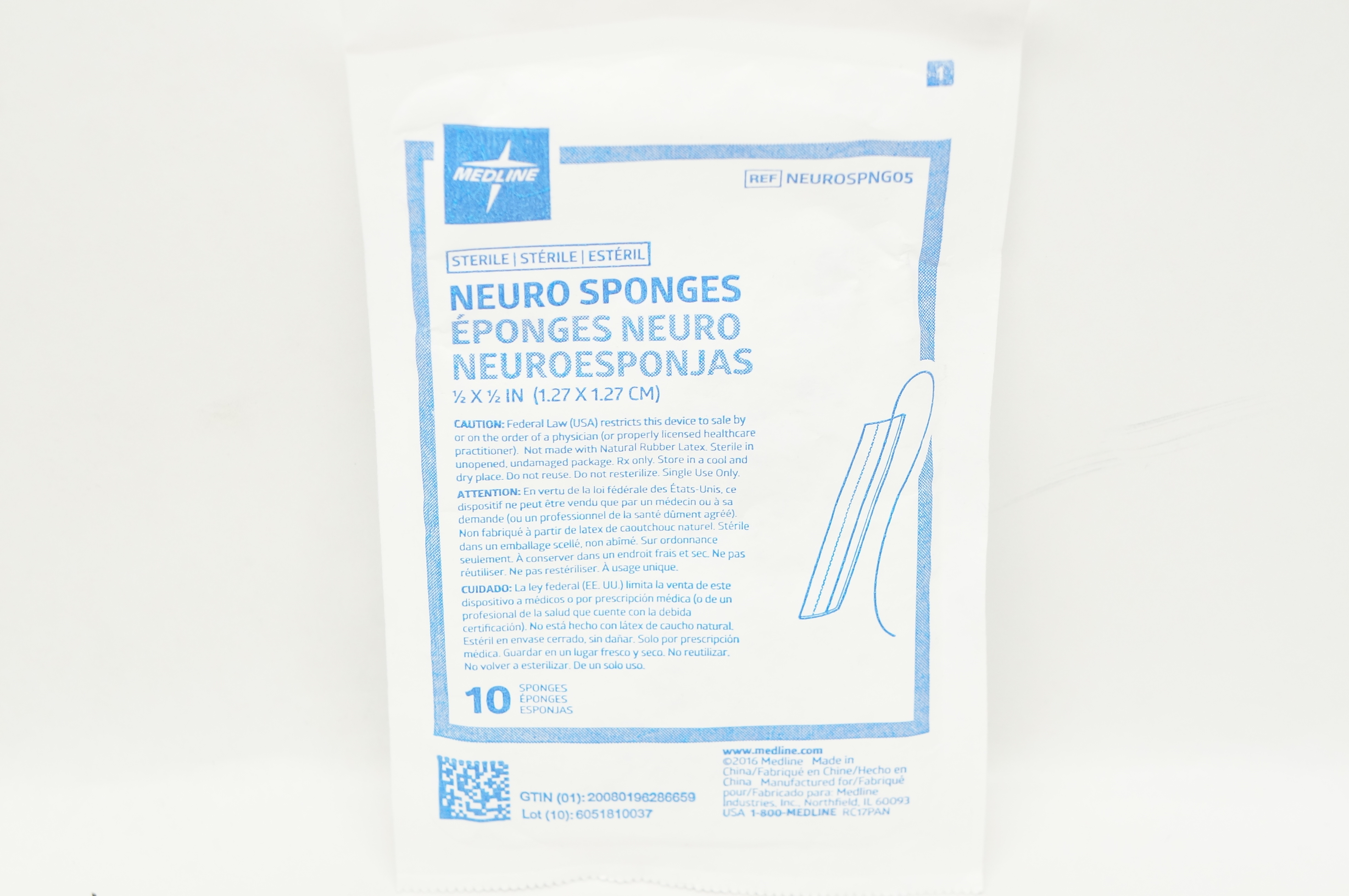 Medline NEUROSPNG05 Neuro Sponges 1/2inch x 1/2inch - Pack of 10