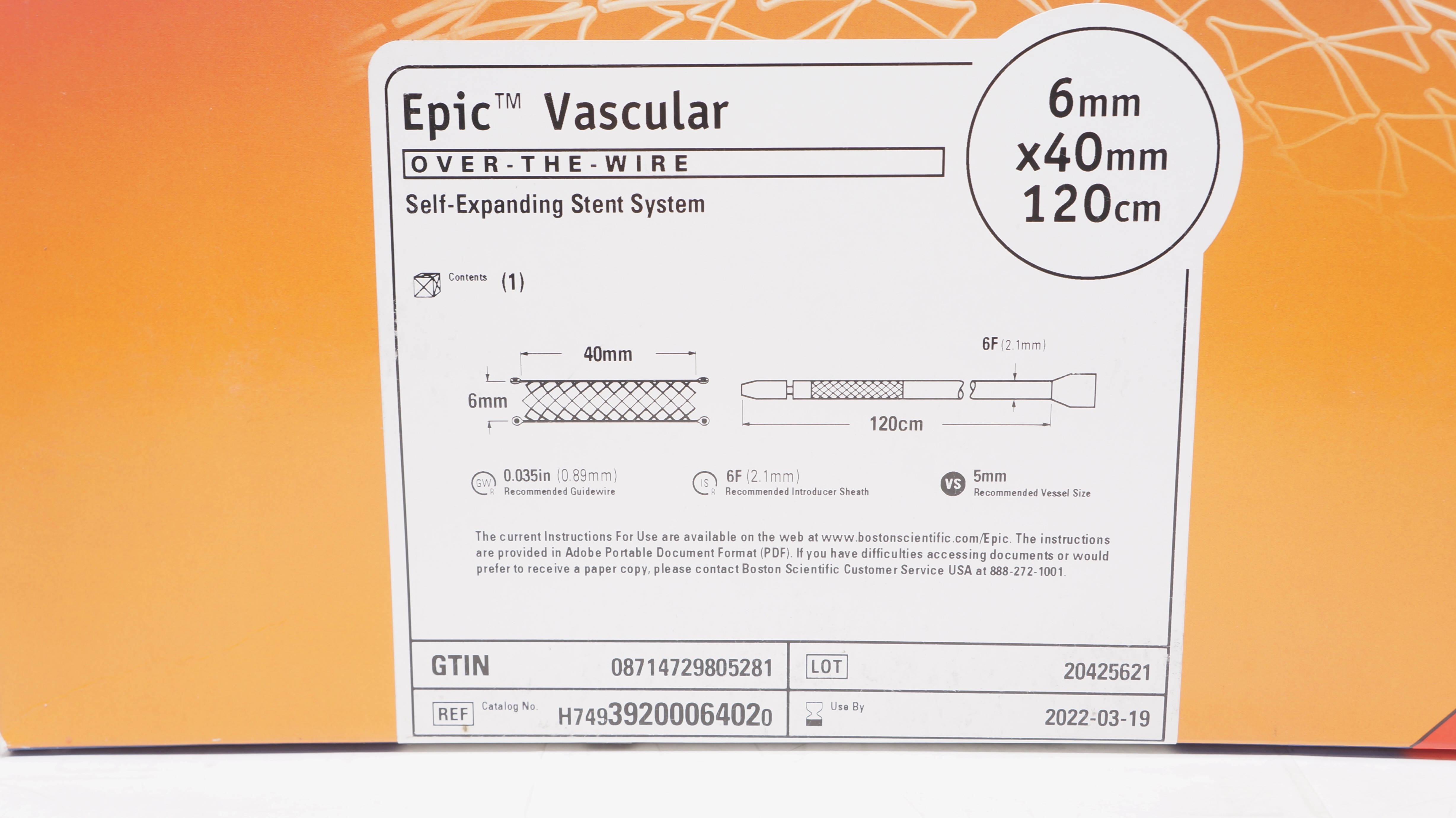 Boston Scientific H74939200064020 Epic Stnt System 6mm x 40mm x 120cm (x)