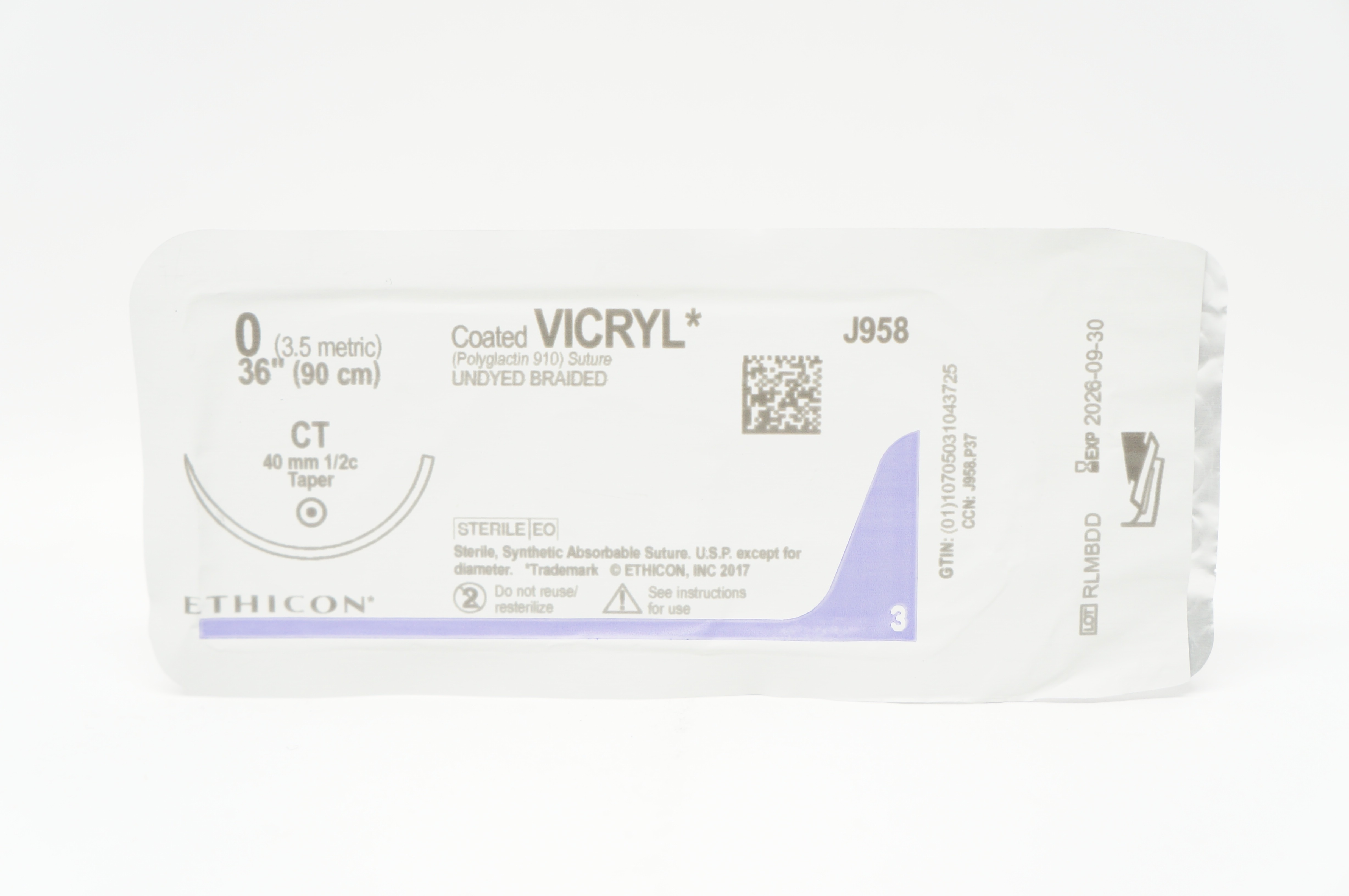 Ethicon J958 0 Coated VICRYL Polyglactin Stre CT 40mm 1/2c Taper, 36inch