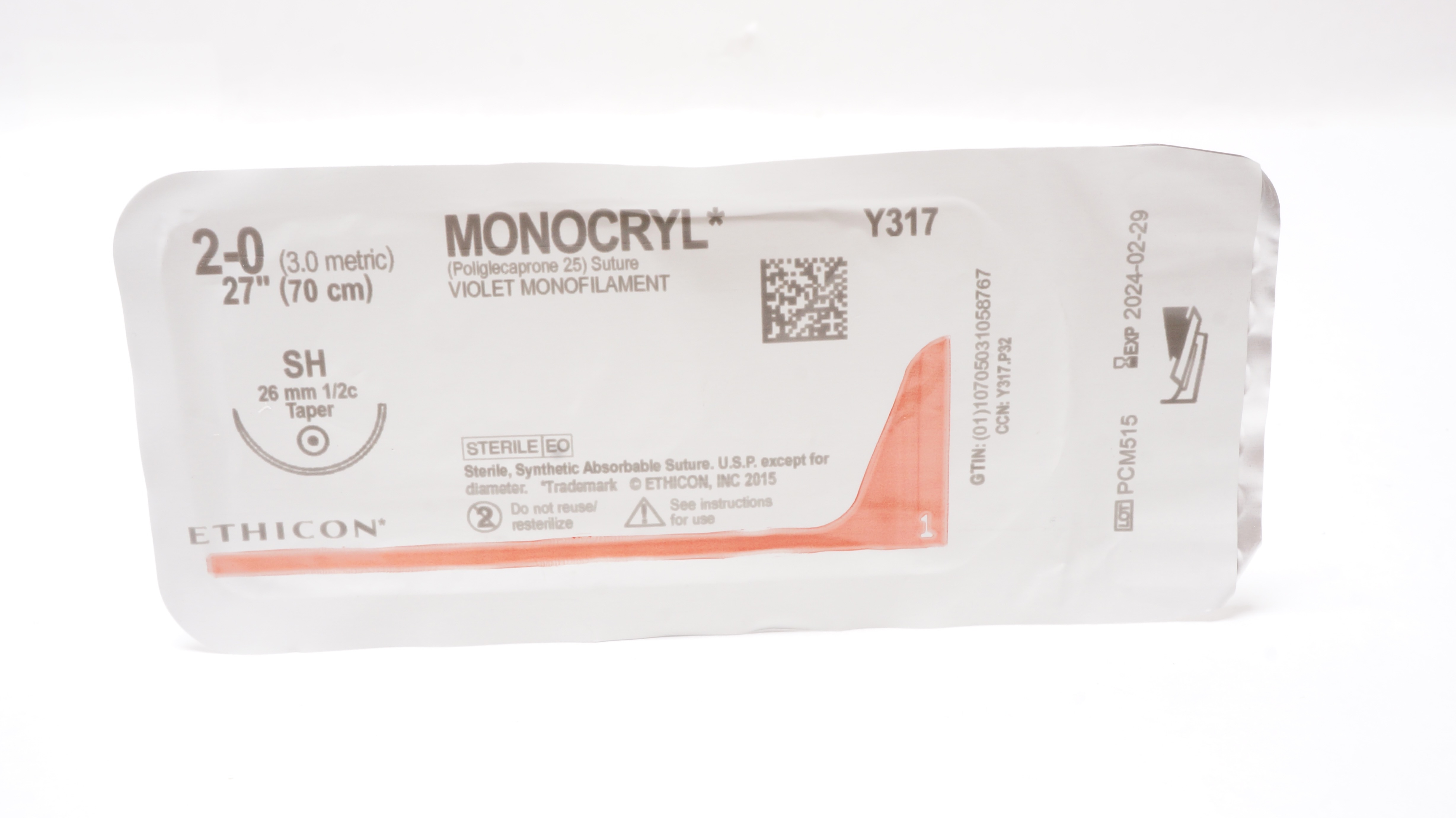 Ethicon Y317 2-0 MONOCRYL, SH, 26mm 1/2c Taper, 27inch