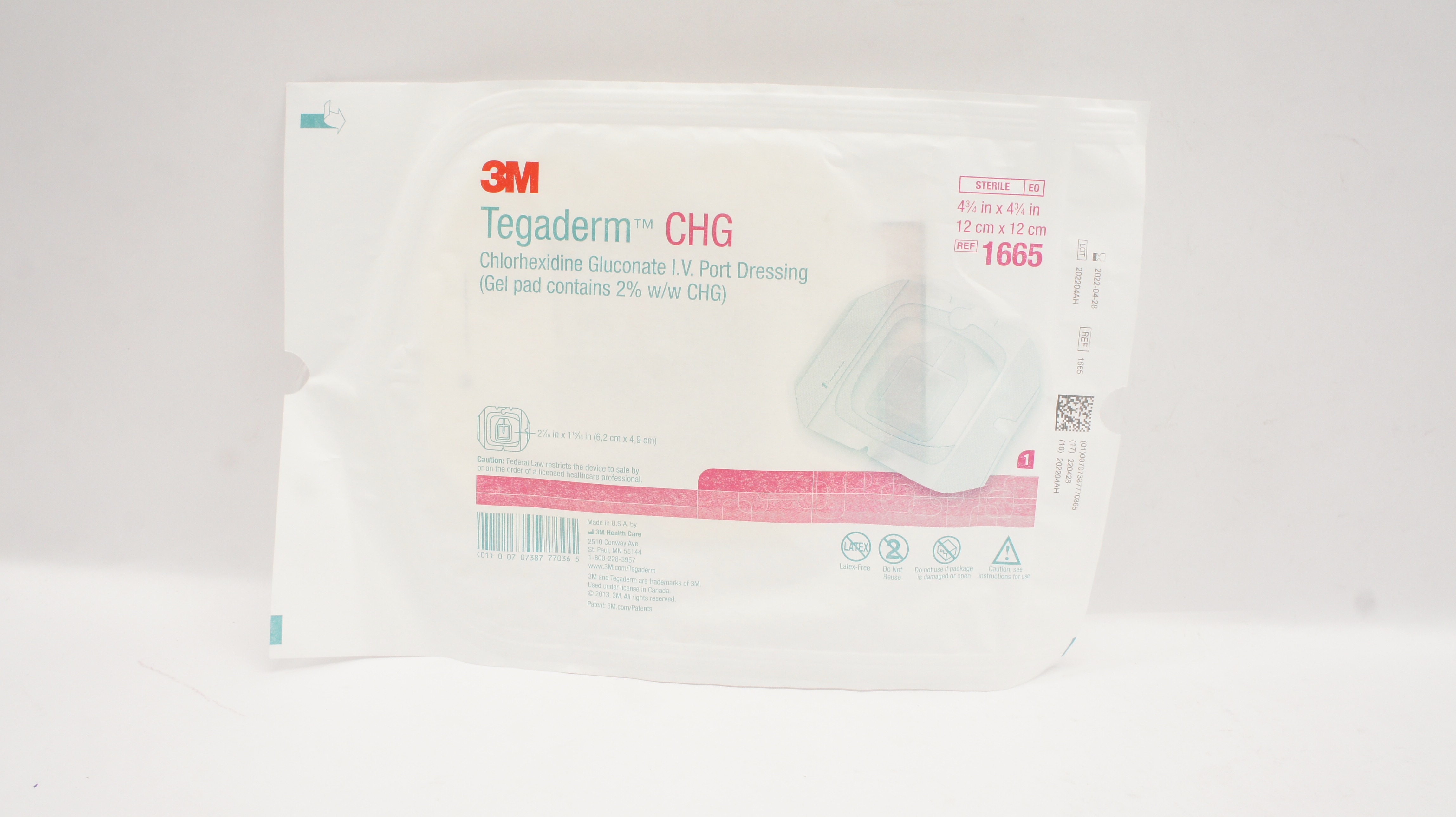 3M 1665 Tegaderm CHG Chlorhexidine Gluconate IV Port Dressing 4 3/4 x 4 3/4in