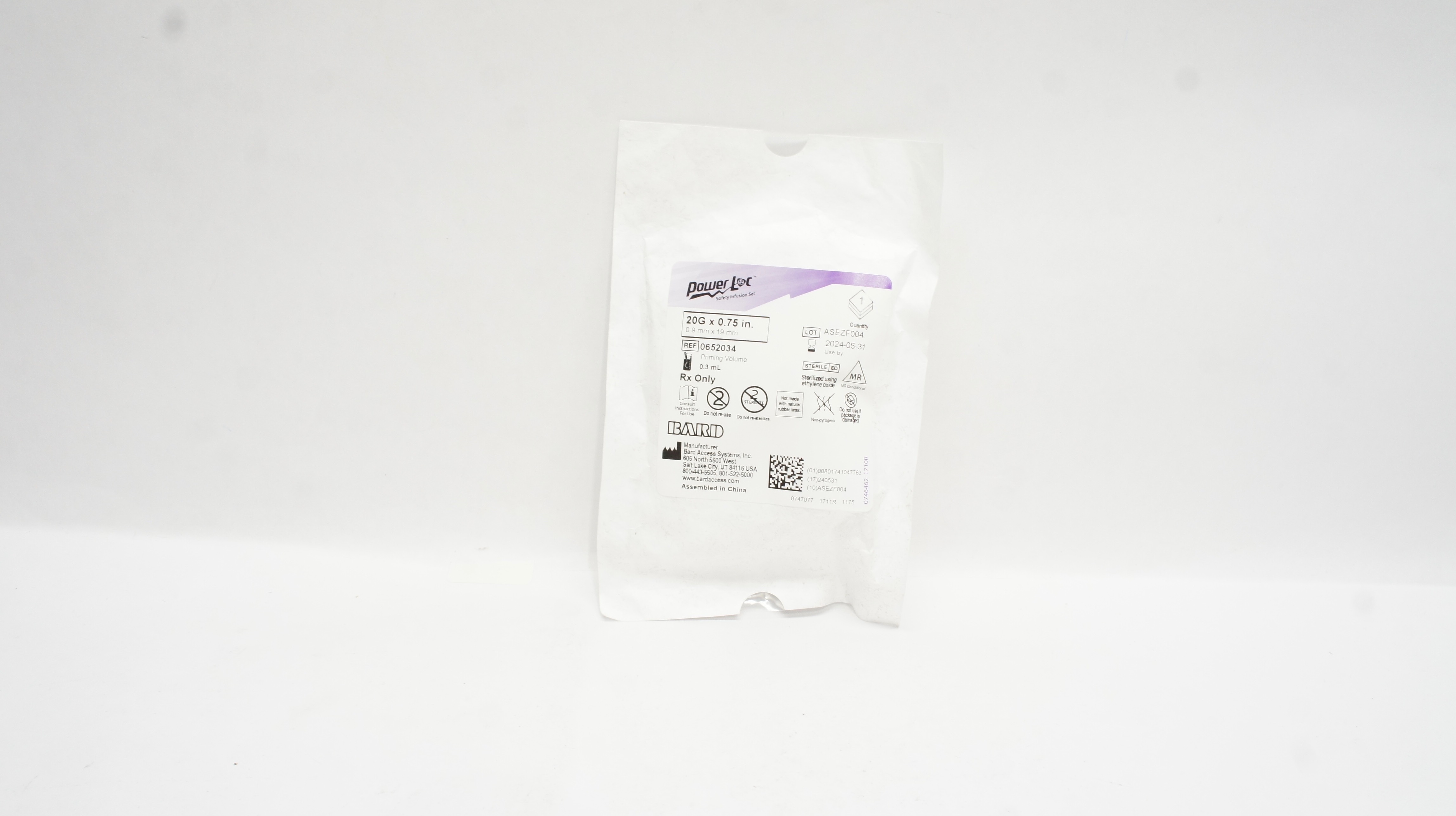 Bard 0652034 PowerLoc Safety Infusion Set 20G x 0.75inch Priming Volume 0.3mL