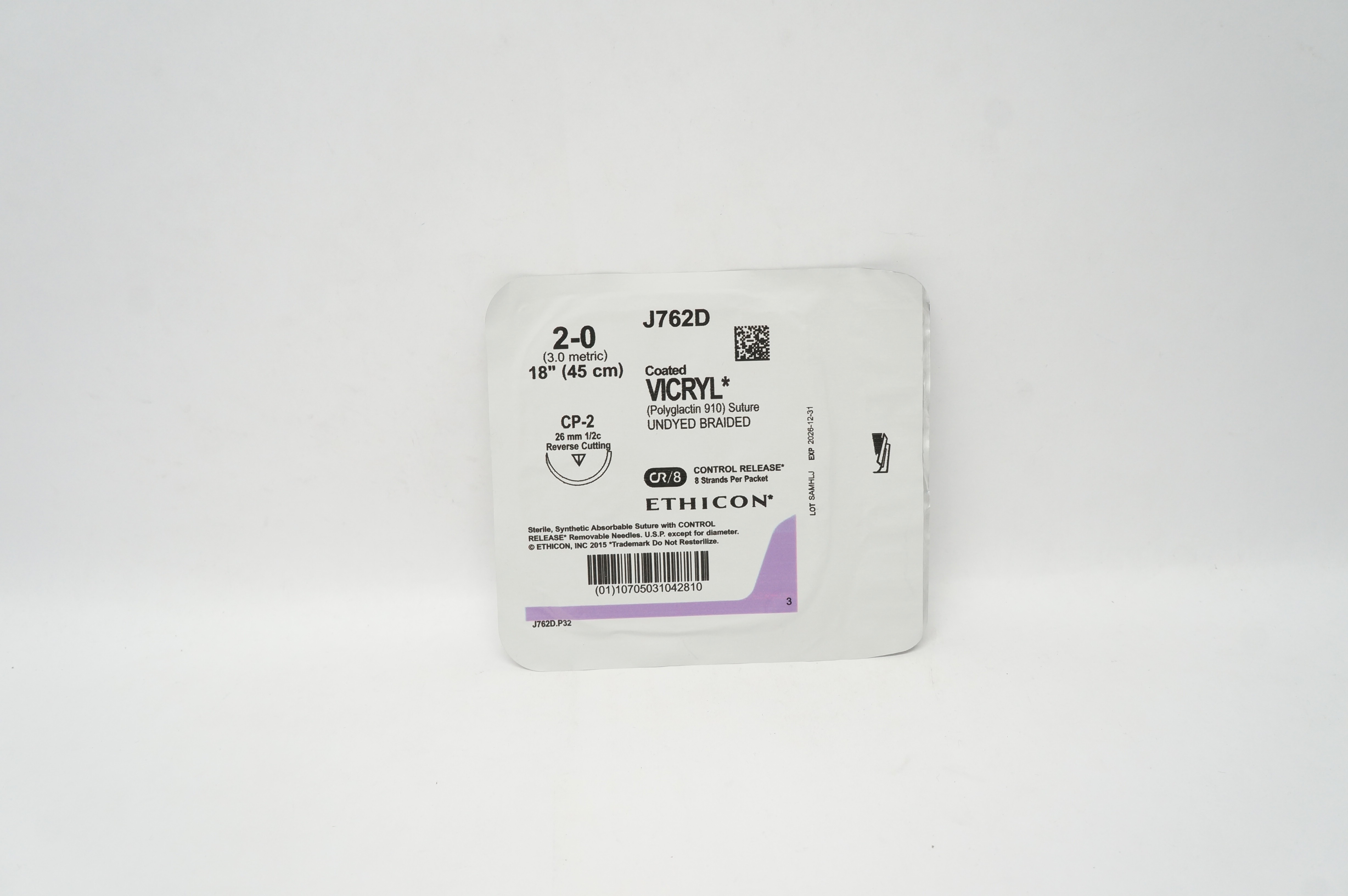 Ethicon J762D 2-0 Coated VICRYL Stre CP-2 26mm 1/2c Reverse Cutting, 18inch