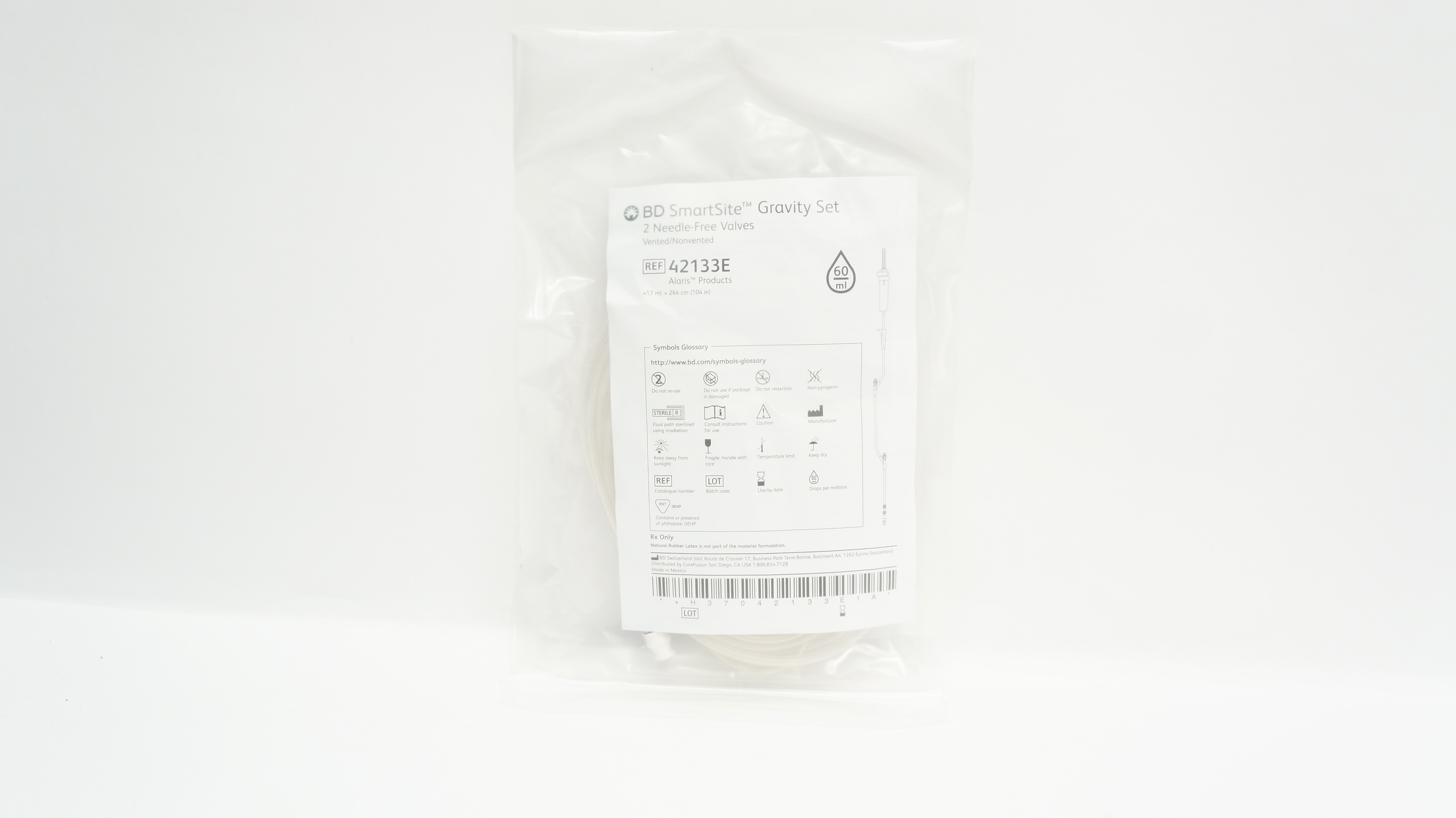 BD 42133E SmartSide Gravity Set 2 Needle-Free Valves 17ml x 104inch 60Drops/mL