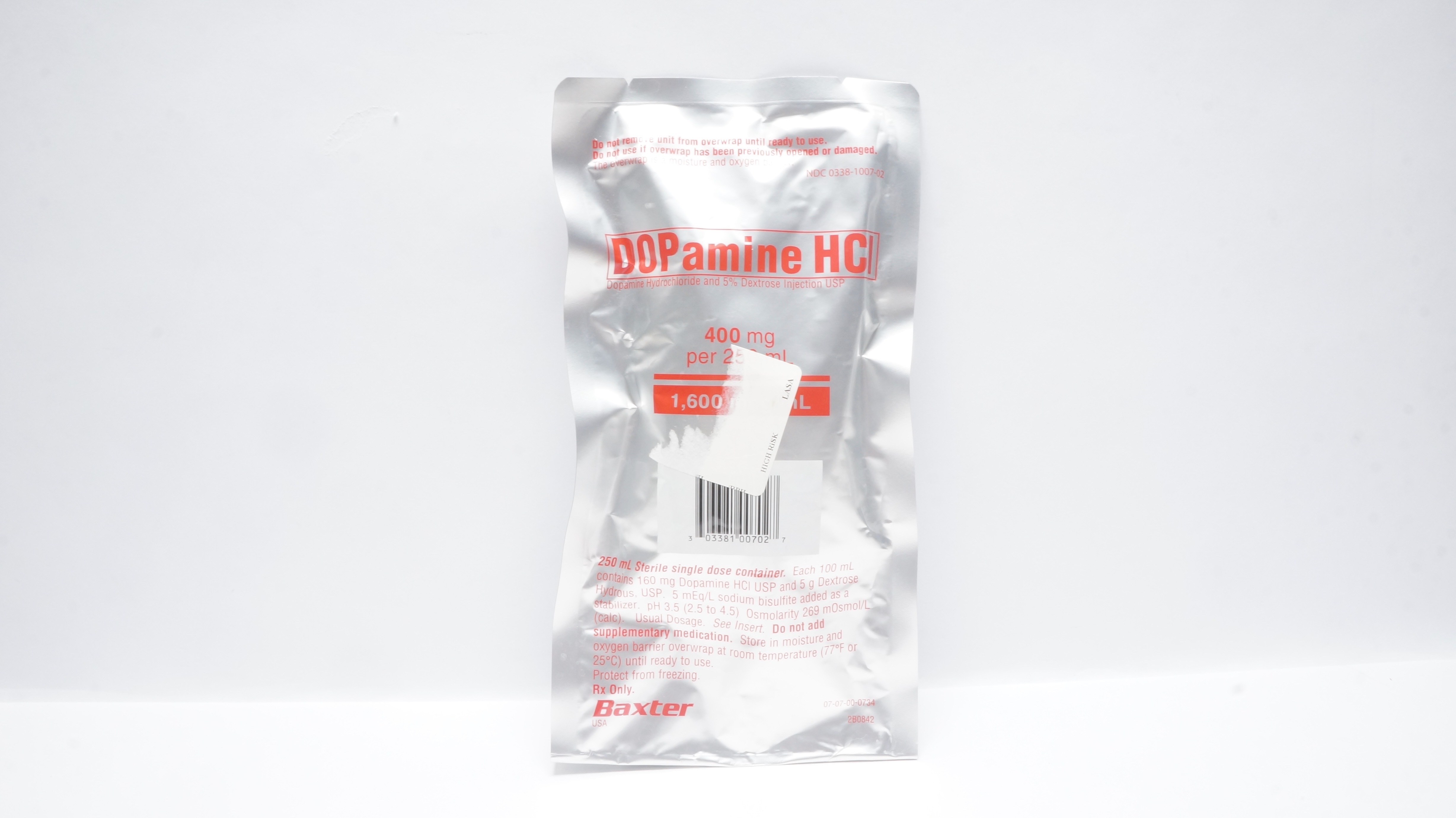 Baxter 2B0842 DOPamine HCL and 5% Dextrose Injection USP 400mg Per 250mL