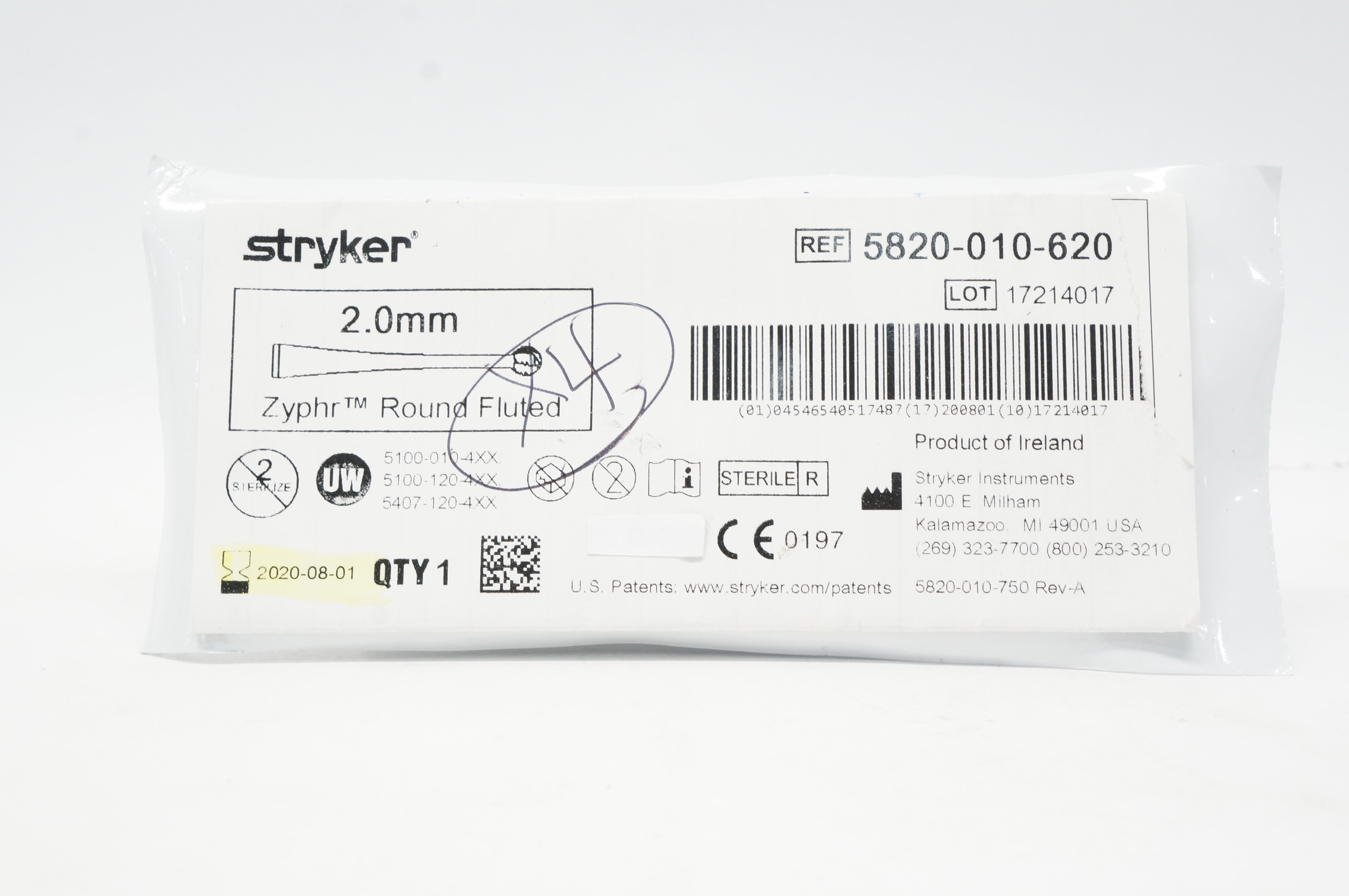 Stryker 5820-010-620 Zyphr Round Fluted 2.0mm (x)