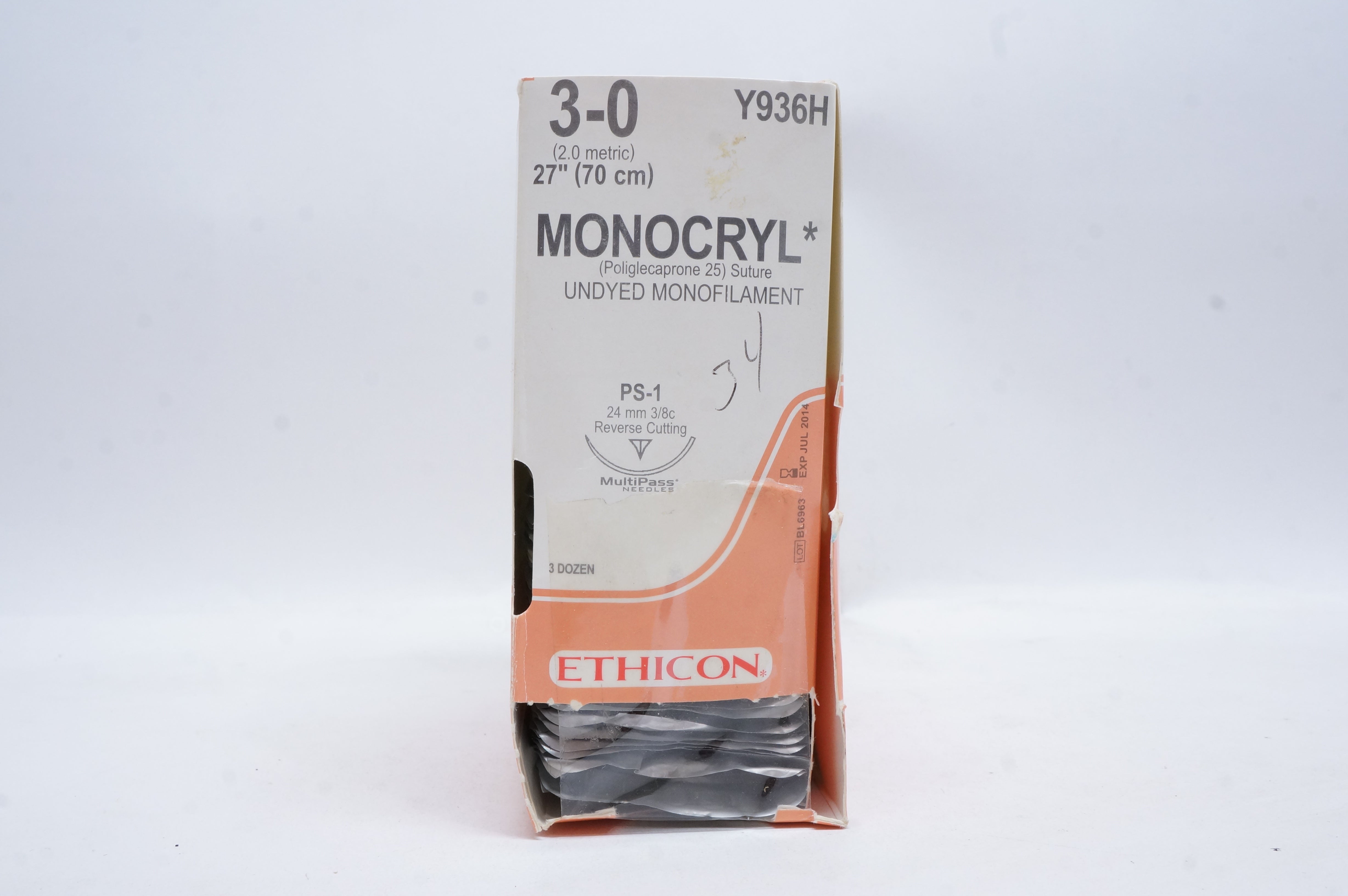 Ethicon Y936H 3-0 MONOCRYL, PS-1, 24mm 3/8c, 27inch (x) - Box of 36