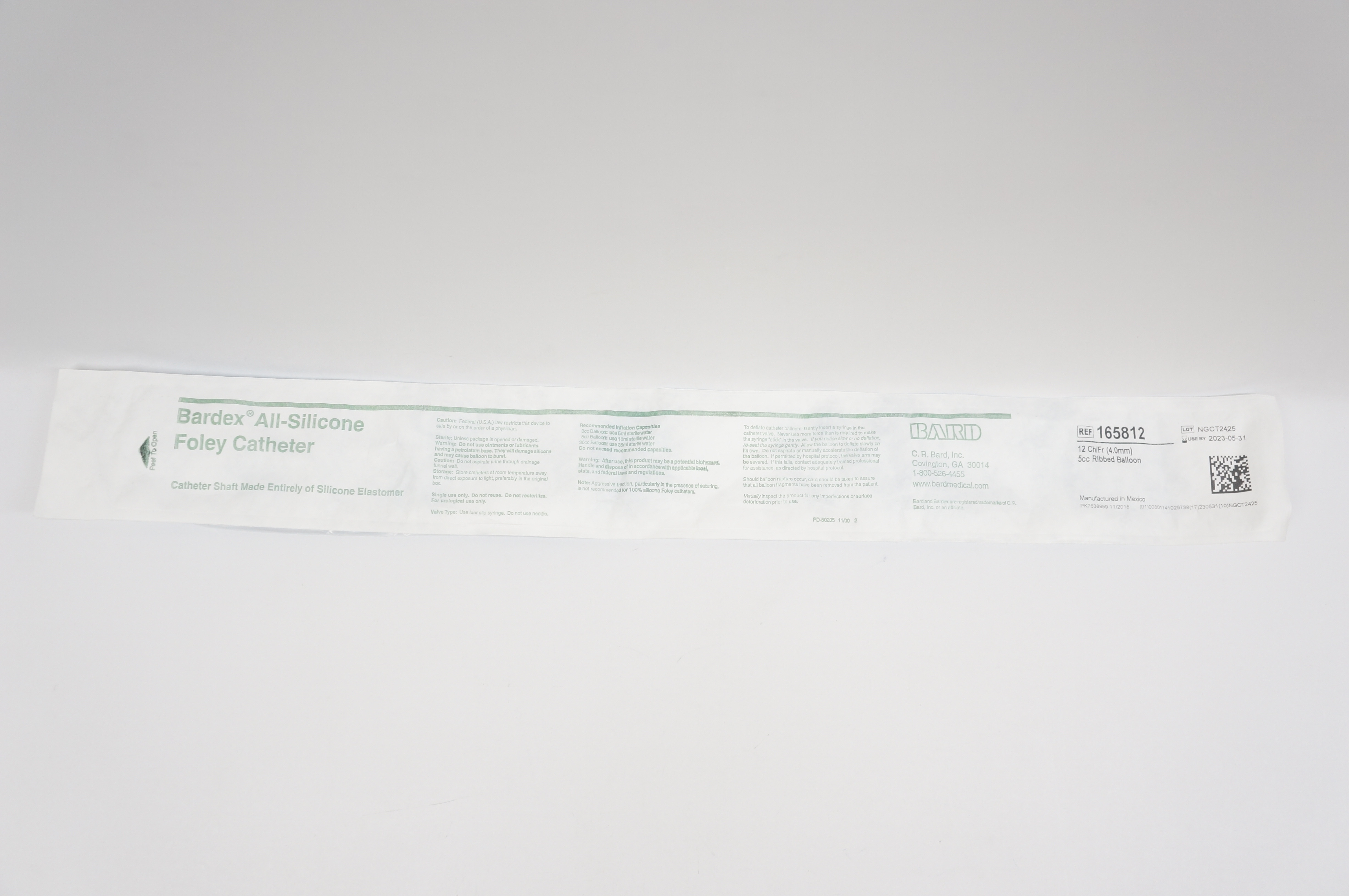 Bard 165812 All-Silicone Foley Cath. 12 Ch/Fr 5cc Ribbed Balloon