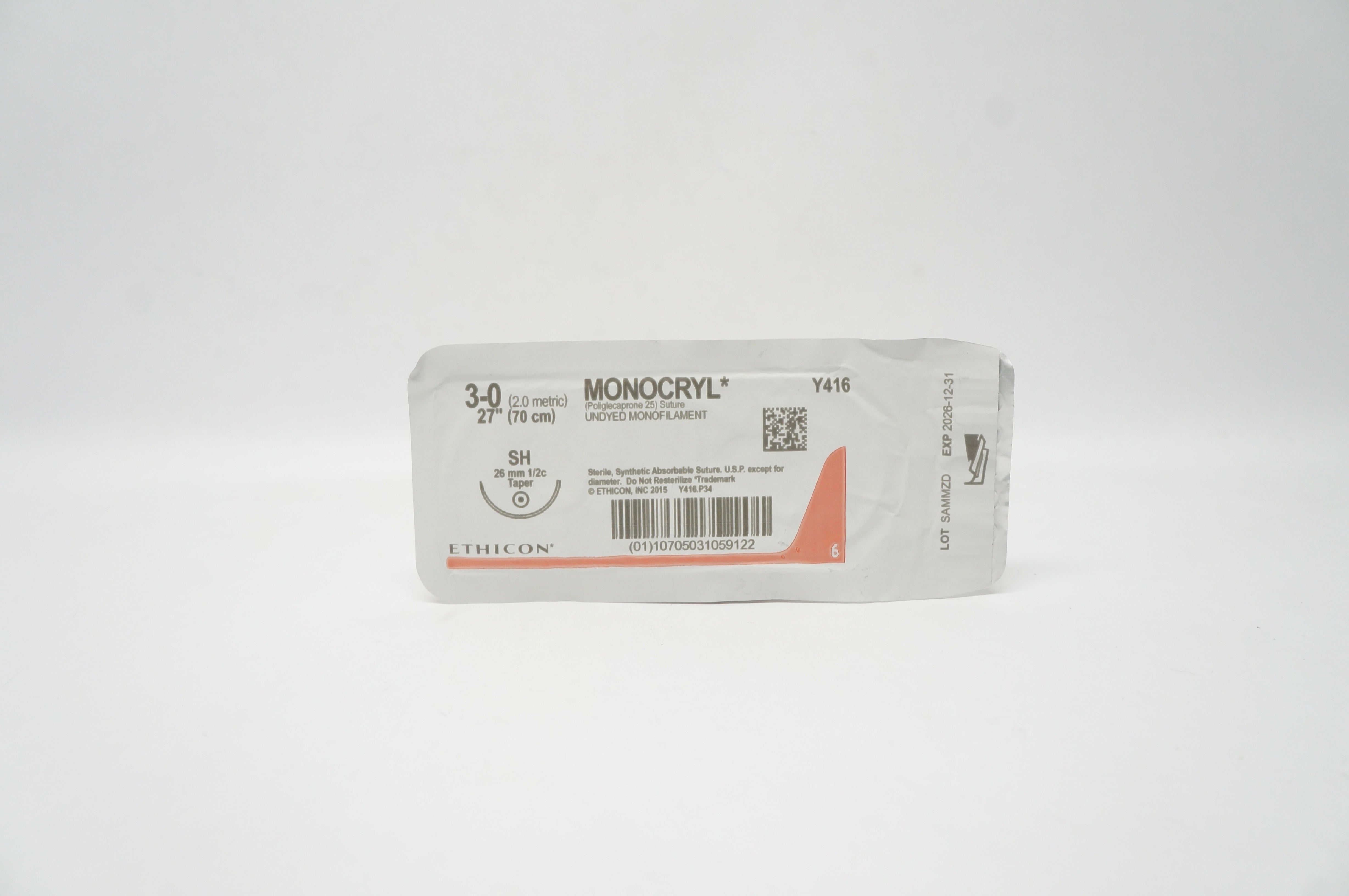 Ethicon Y416 3-0 Monocryl Stre Undyed Monofilament SH 26mm 1/2c Taper 27inch