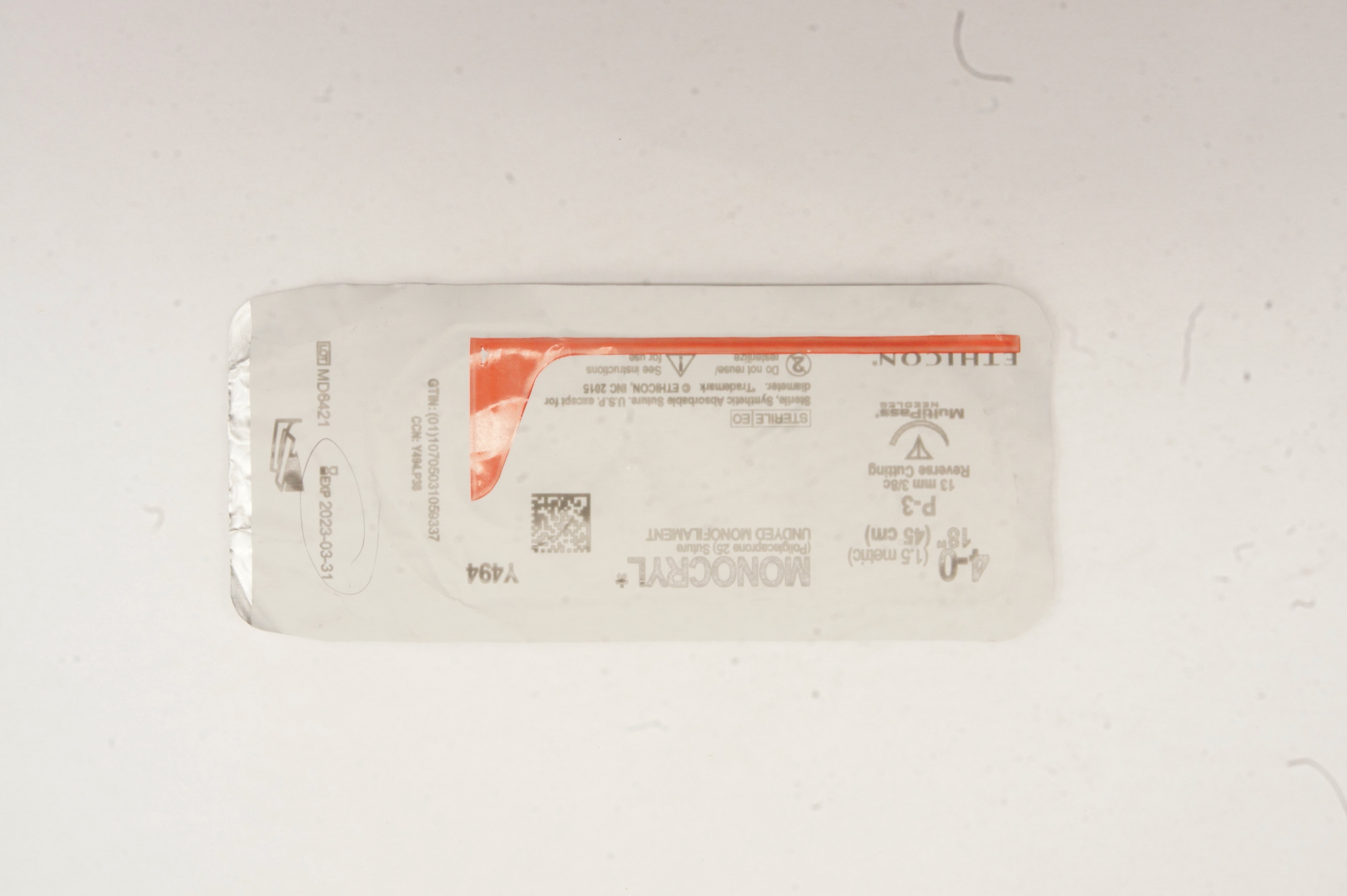 Ethicon Y494 4-0 MONOCRYL Undyed P-3 13mm 3/8c Reverse Cutting 18inch
