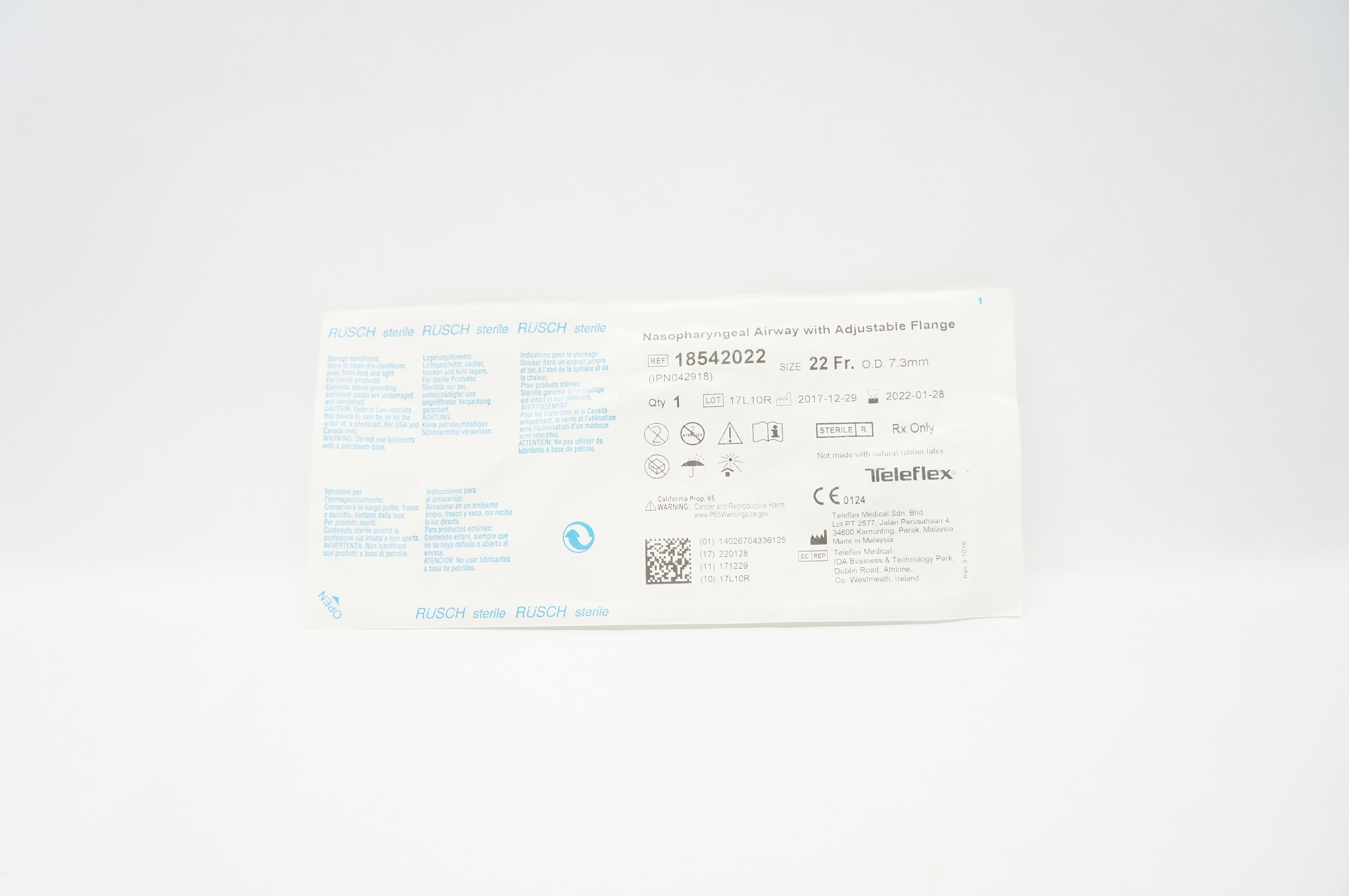 Teleflex 18542022 Nasopharyngeal Airway with Adjustable Flange 22Fr. x 7.3mm (x)