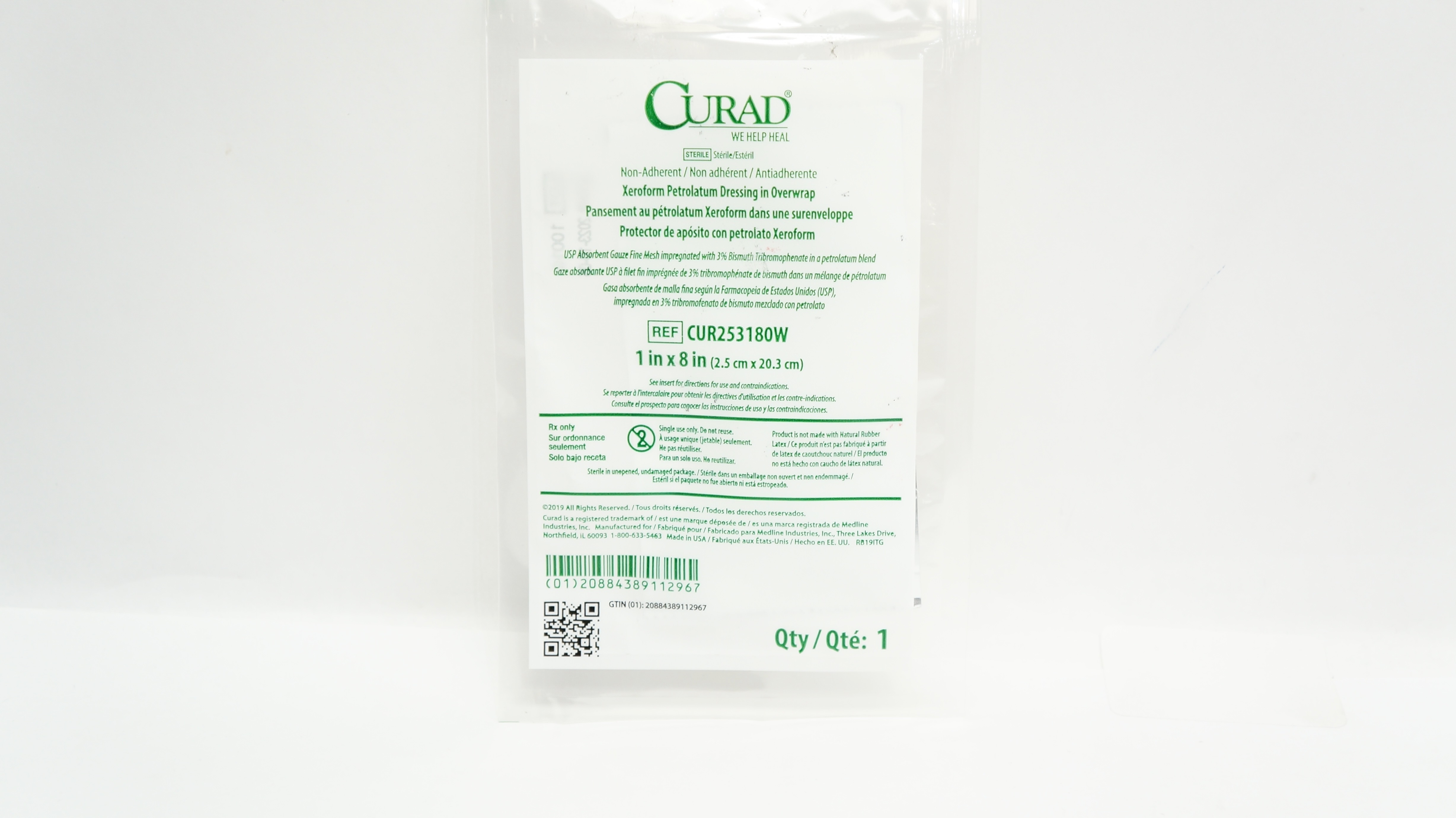 Medline CUR253180W Curad Xeroform Petrolatum Dressing 1inch x 8inch