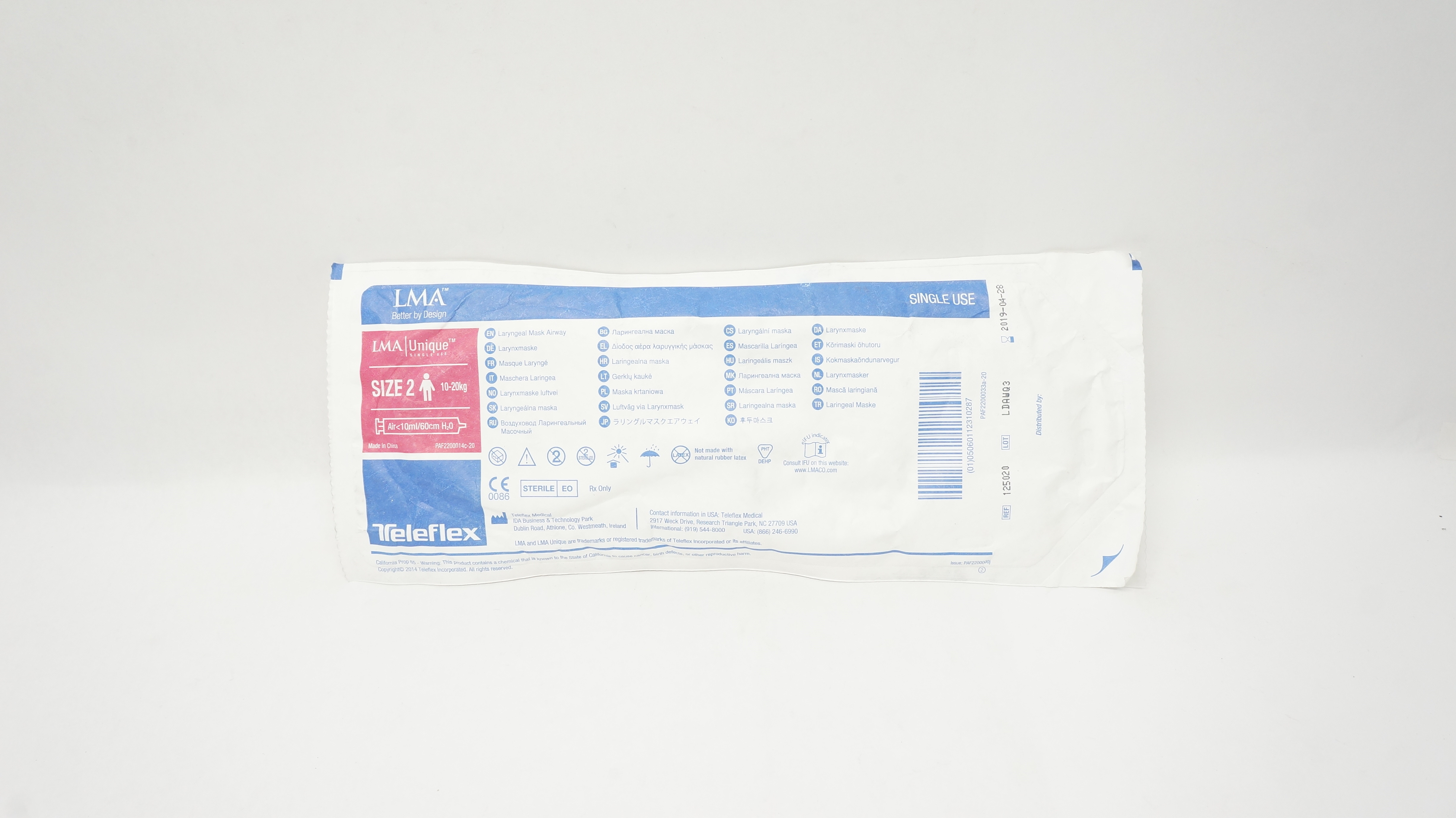 Teleflex 125020 LMA Unique Laryngeal Mask Airway Size 2 10-20kg (x)