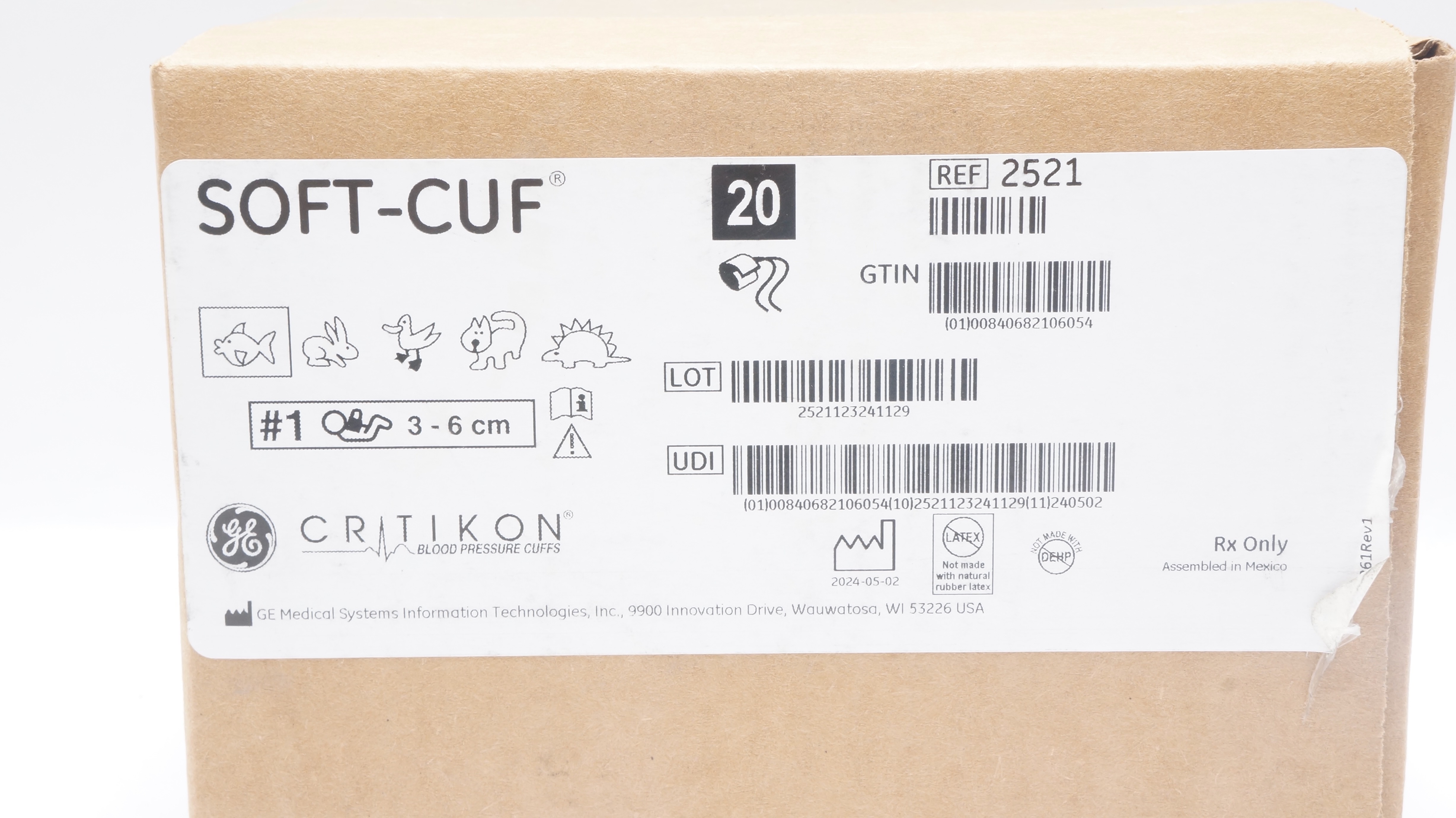 GE Medical 3982521 Critikon Blood Pressure Cuffs 1 Soft-Cuff 3-6cm - Box of 20
