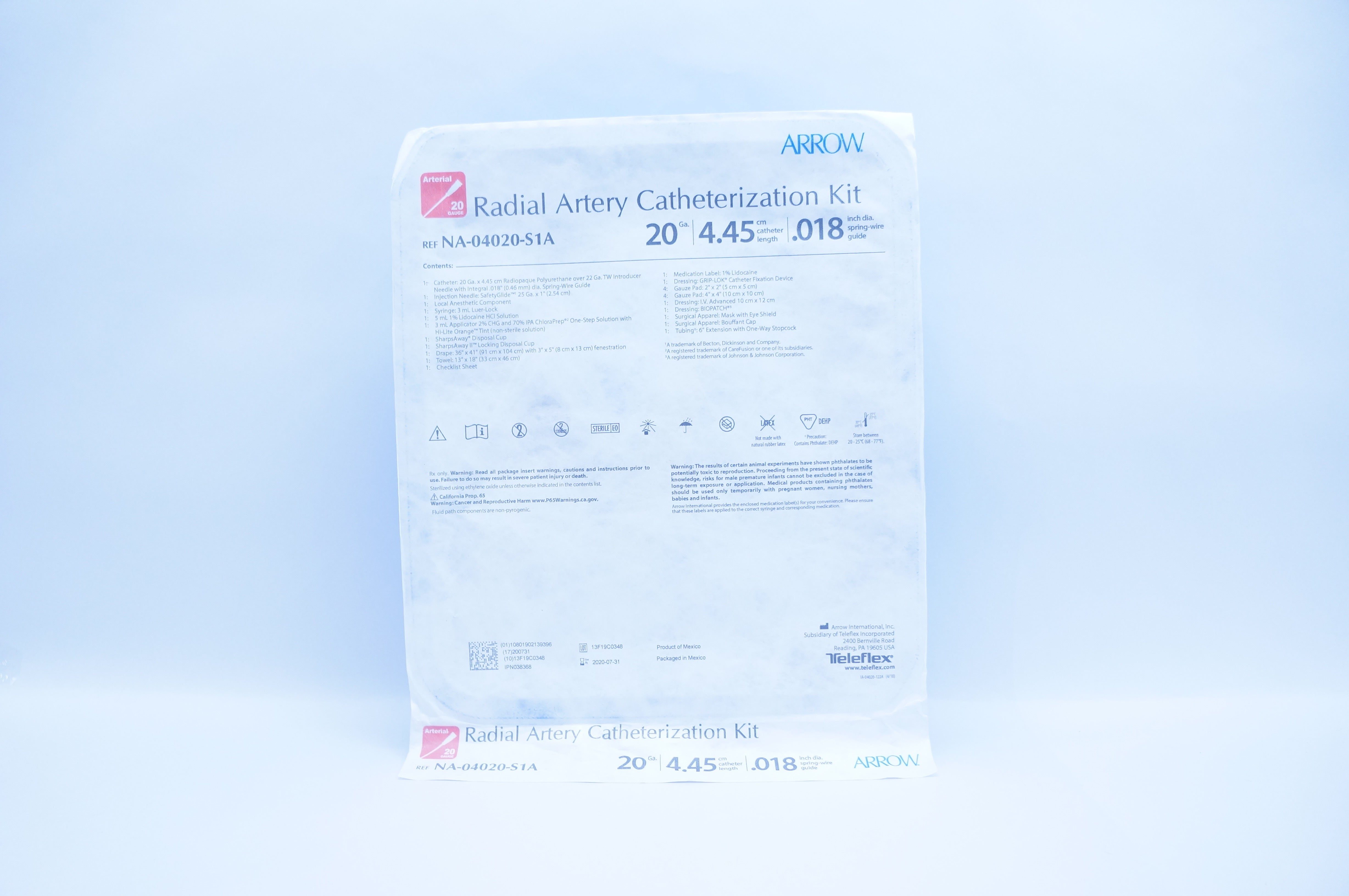 Arrow NA-04020-S1A Radial Artery Catheterization Kit 20Ga x 4.45cm x 0.018inch (x)