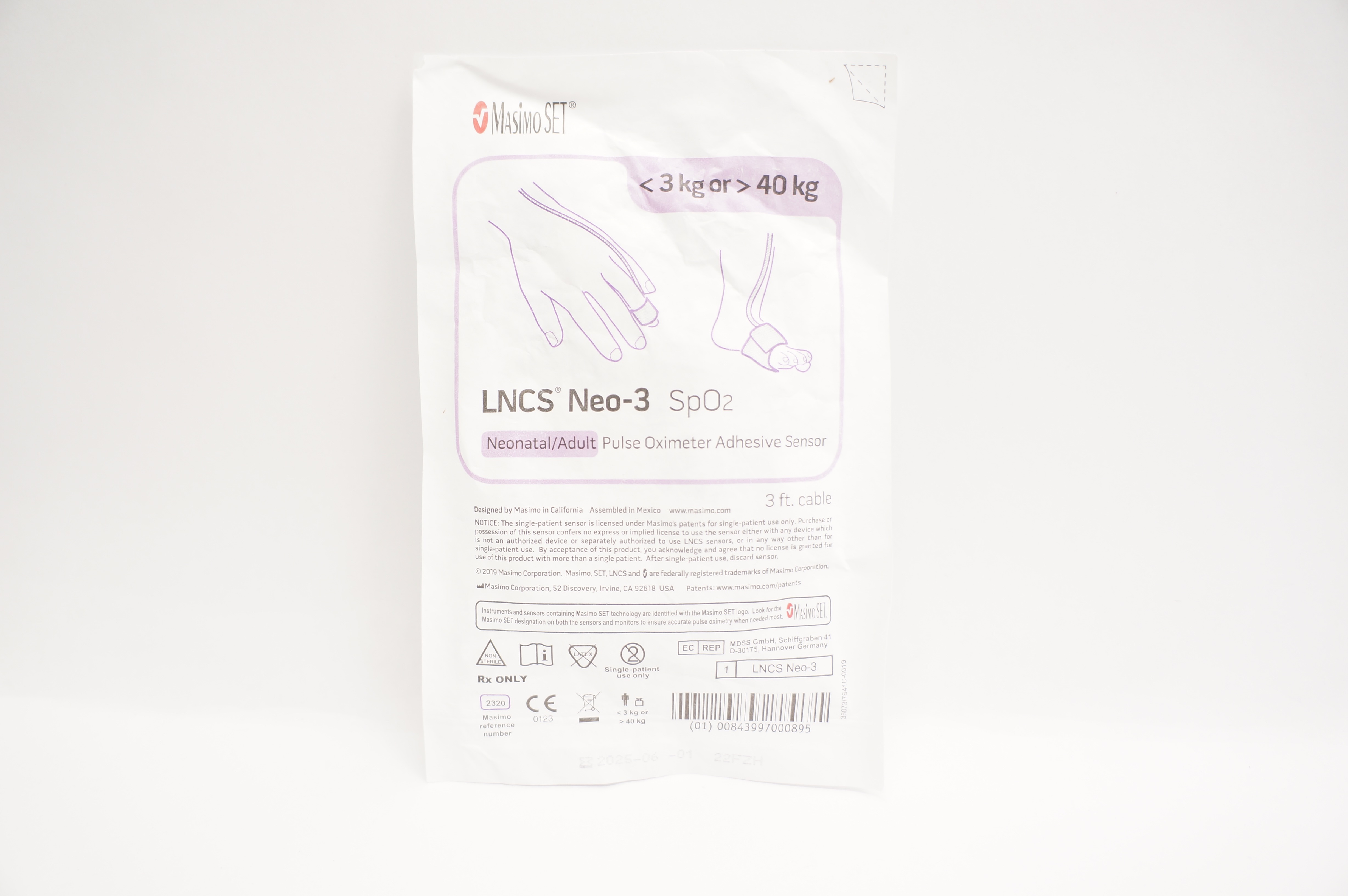 MasimoSet 2320 LNCS Neo-3 SpO₂ Pulse Oximeter Adhesive Sensor <3kg or > 40kg