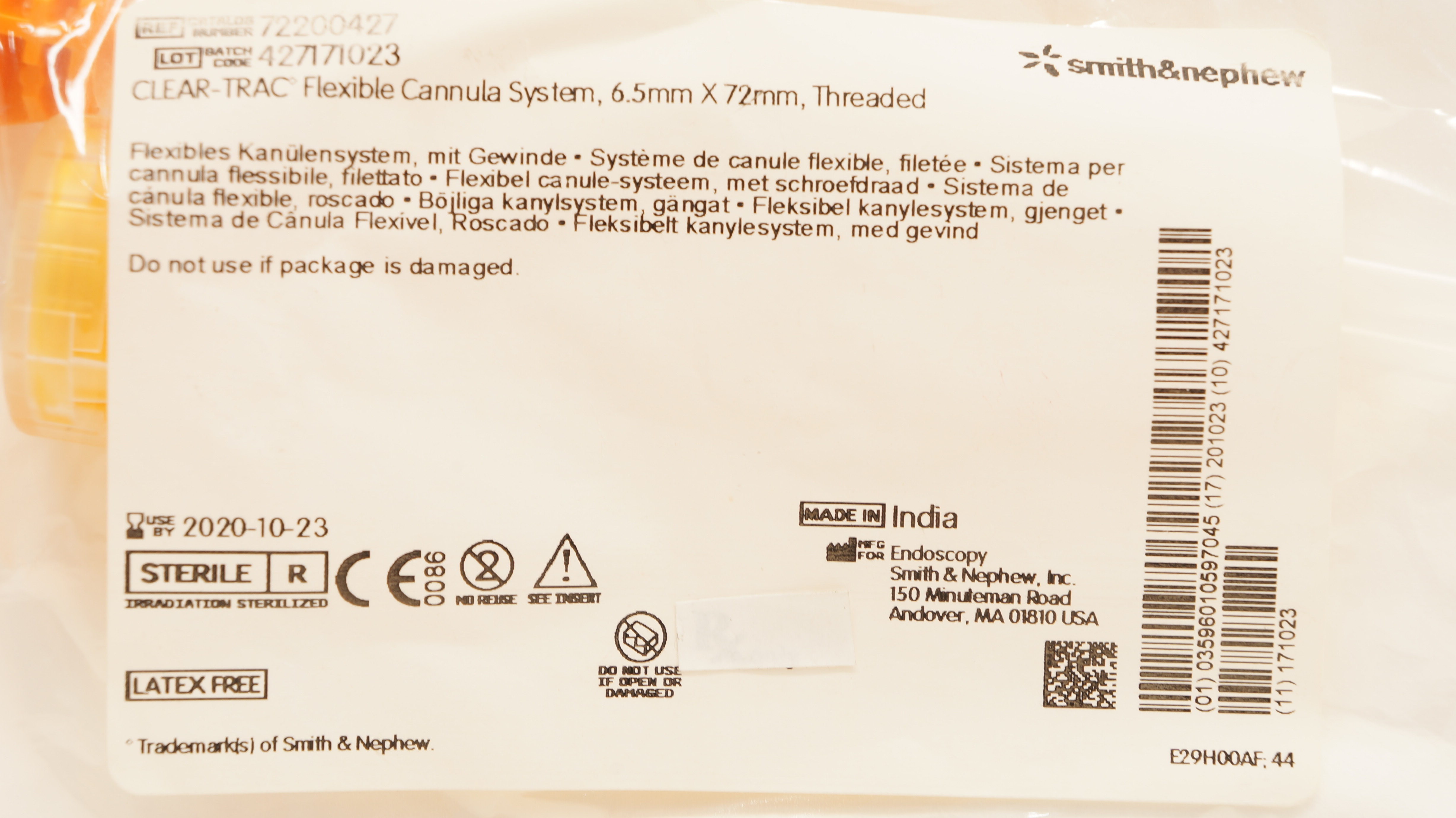 Smith & Nephew 72200427 Clear-Trac Flexible Cannula System 6.5x72mm Threaded (x)