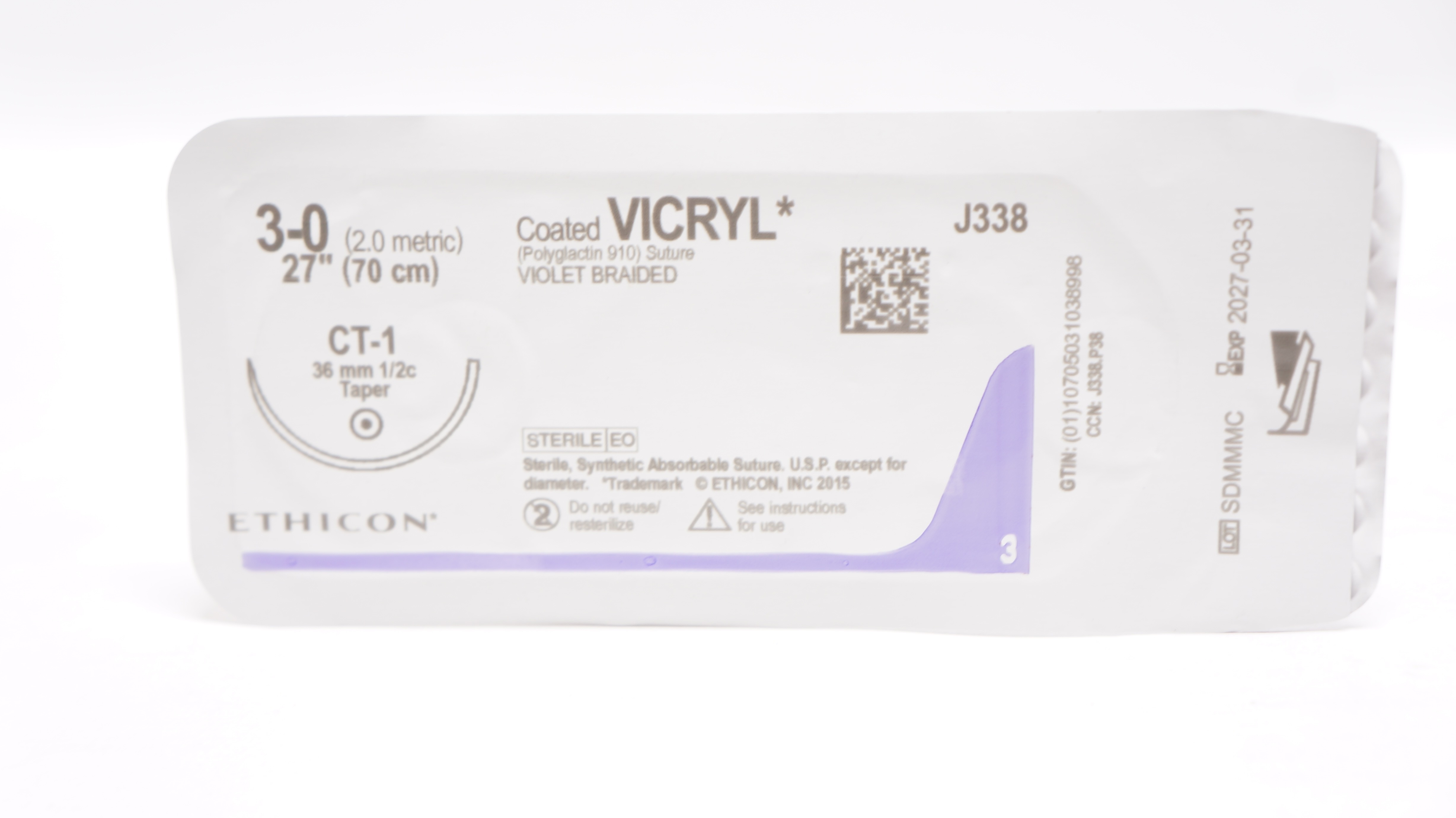 Ethicon J338 3-0 Coated VICRYL Violet Braided Stre CT-1 36mm 1/2c Taper, 27inch