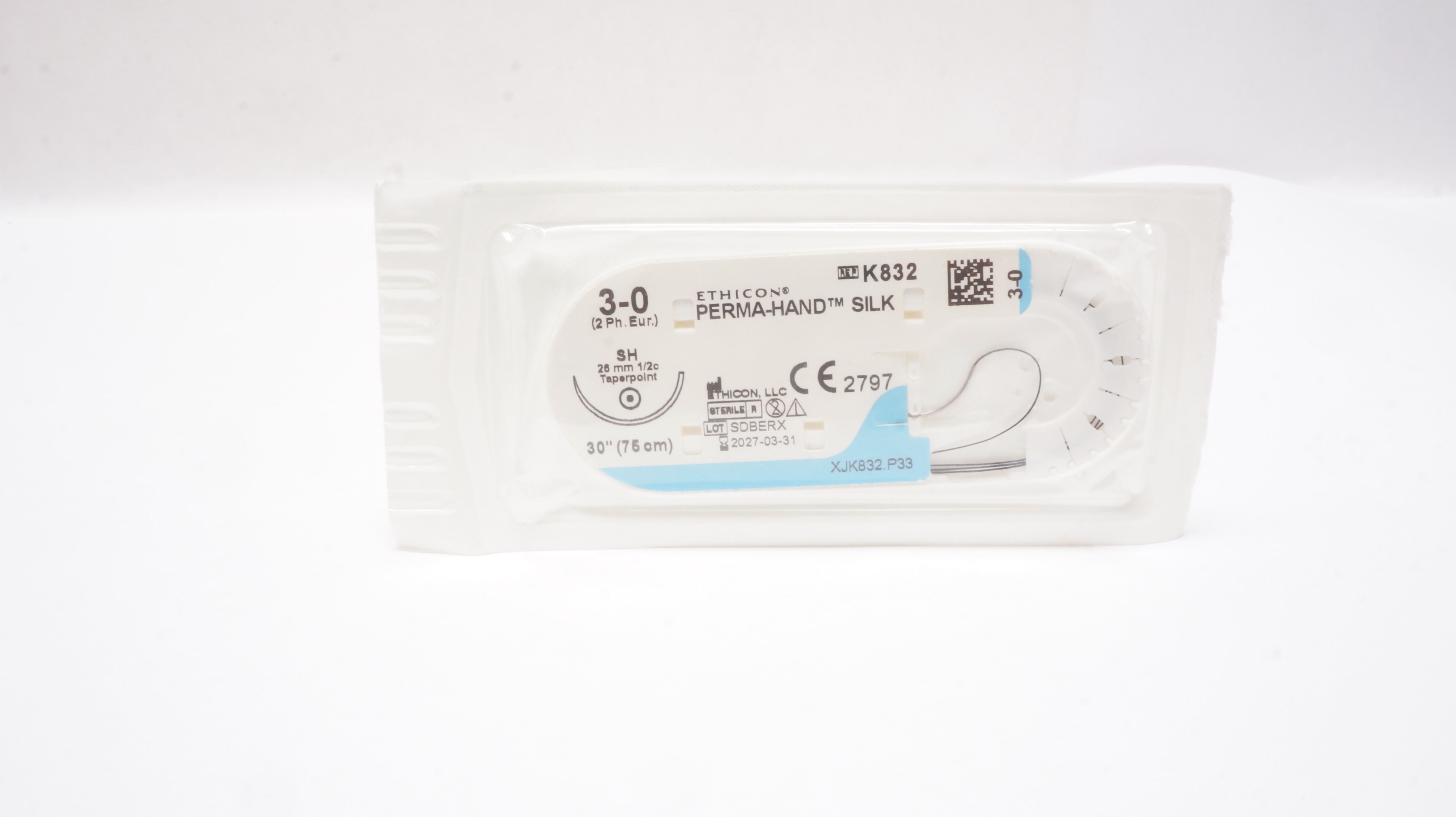 Ethicon K832 3-0 PERMA-HAND SILK Stre SH 26mm 1/2c Tapepoint, 30inch