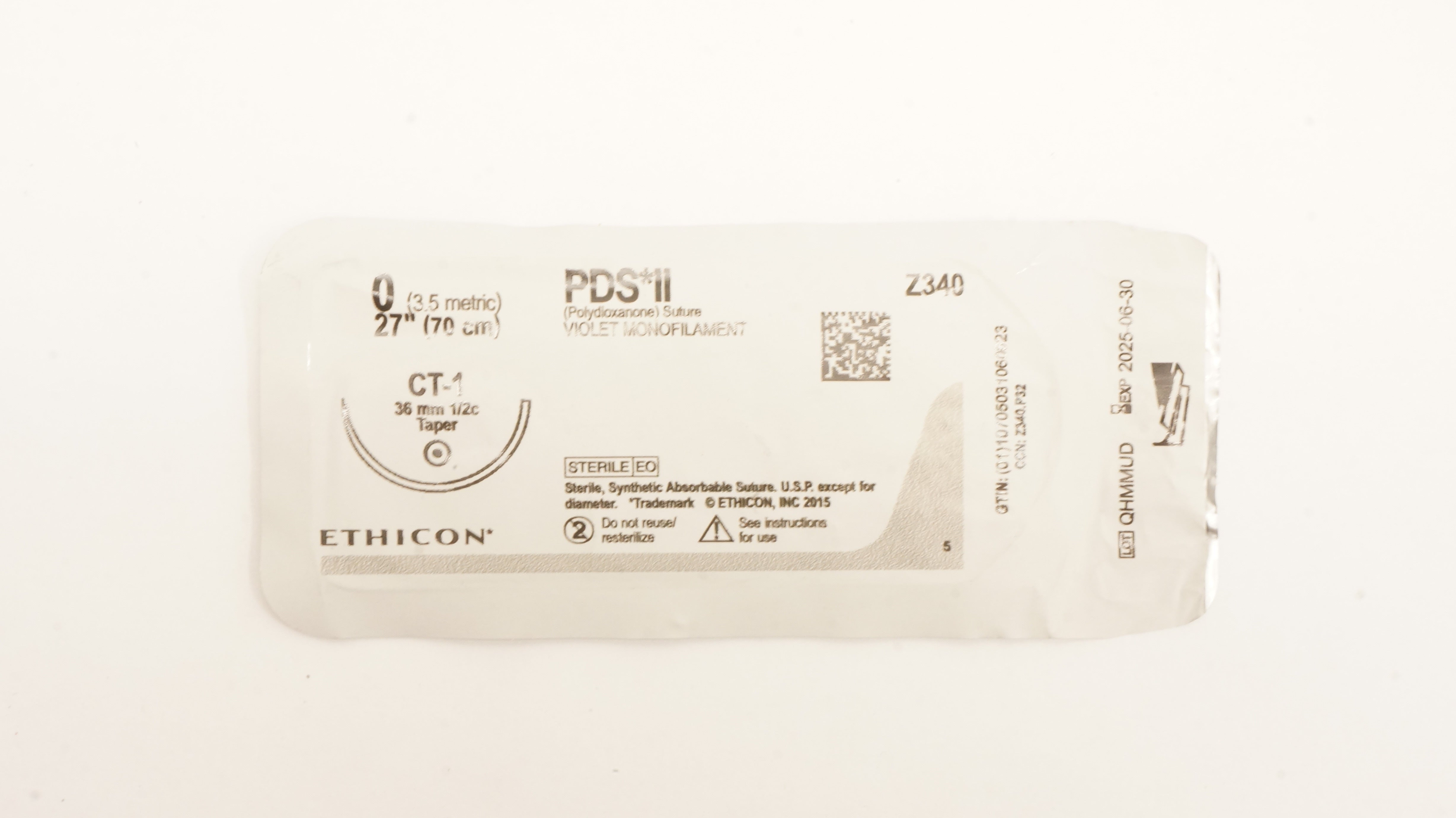 Ethicon Z340 0 PDS II Polydioxanone Stre CT-1, 36mm 1/2c Taper, 27inch