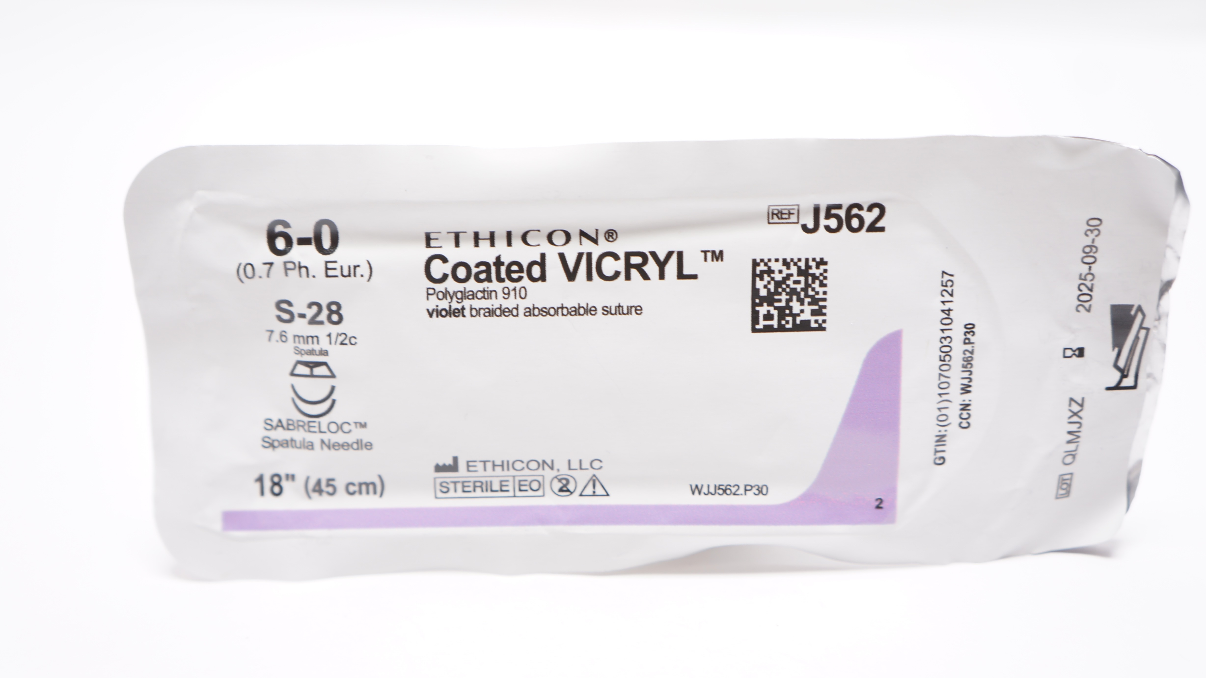 Ethicon J562 6-0 VICRYL, S-28, 7.6mm 1/2c Spatula, 18inch