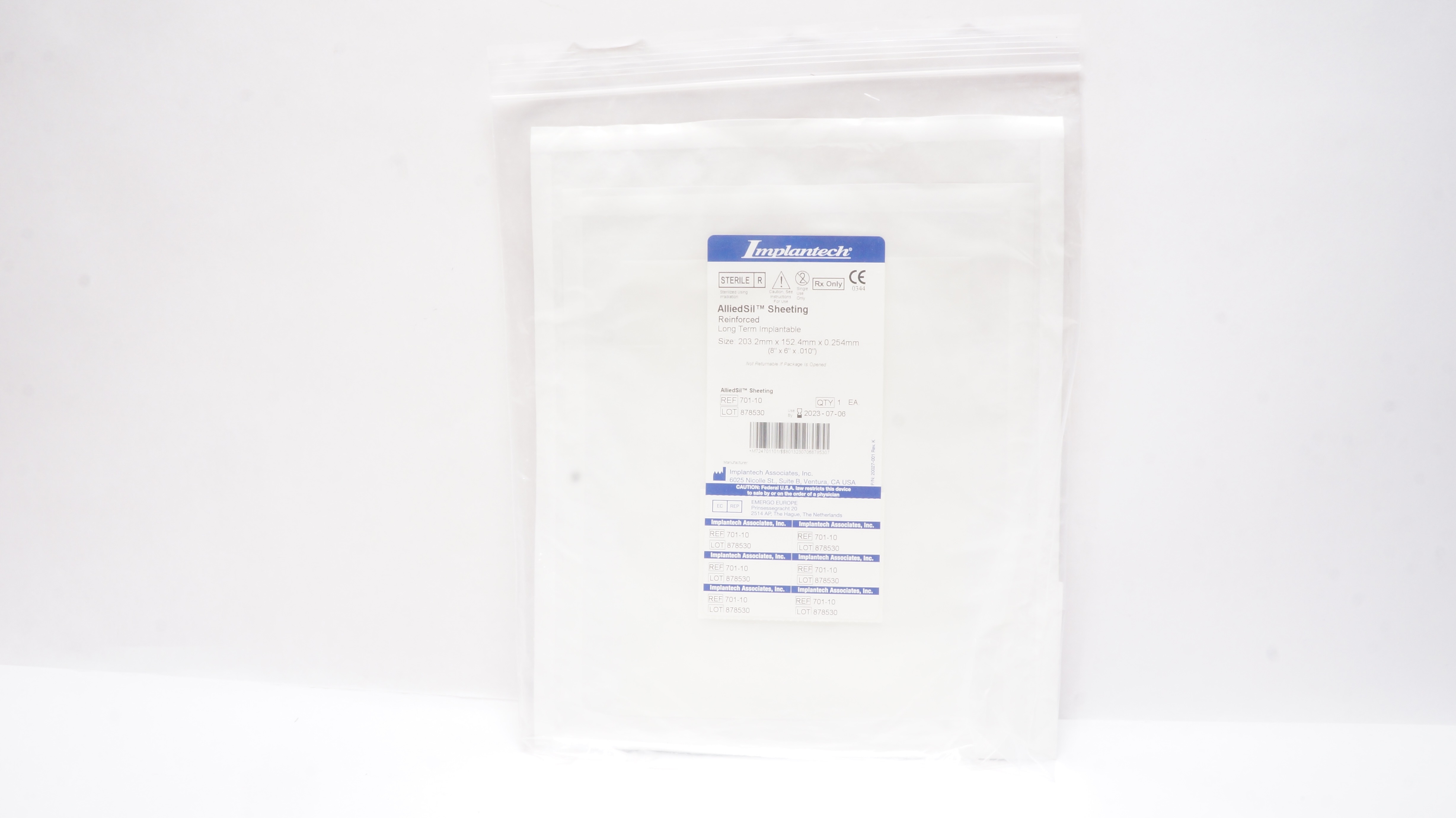 Implantech 701-10 AlliedSil Sheeting Reinforced, Size: 8 x 6 x .010 inch