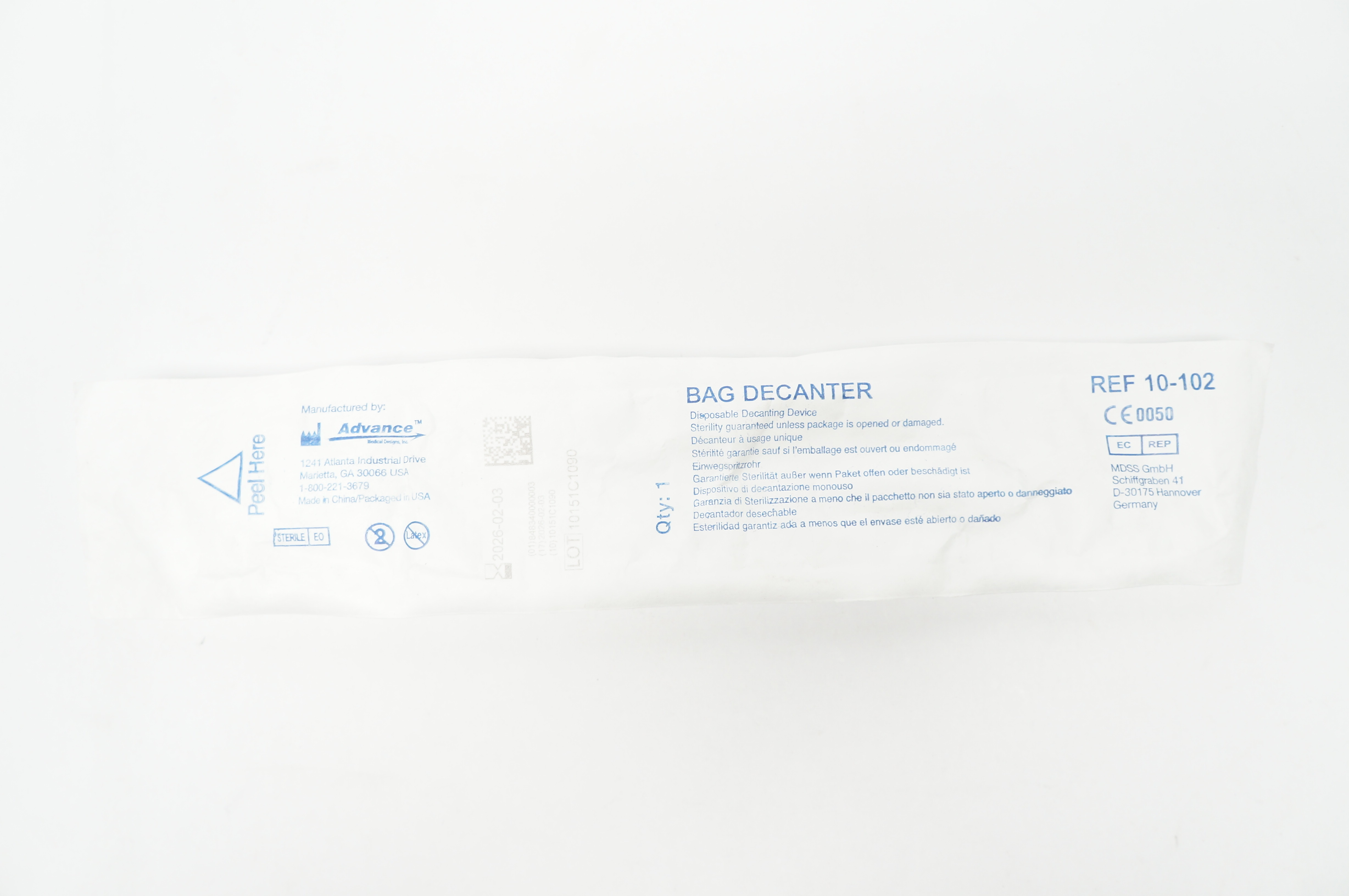 Advance 10-102 Bag Decanter Disposable Decanting Device