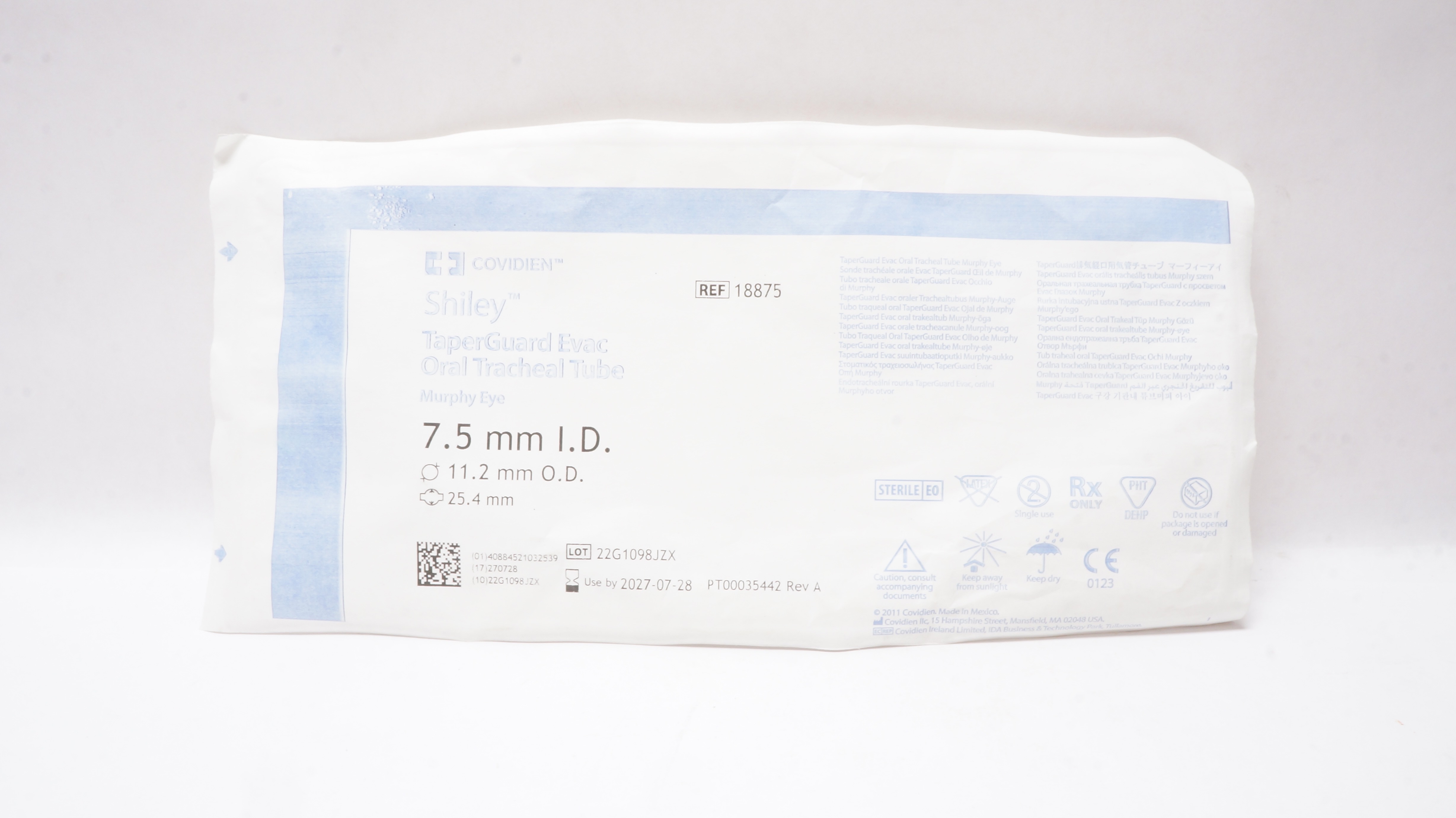 Covidien 18875 Shiley TaperGuard Evac Oral Tracheal Tube 7.5ID x 11.2OD x 25.4mm